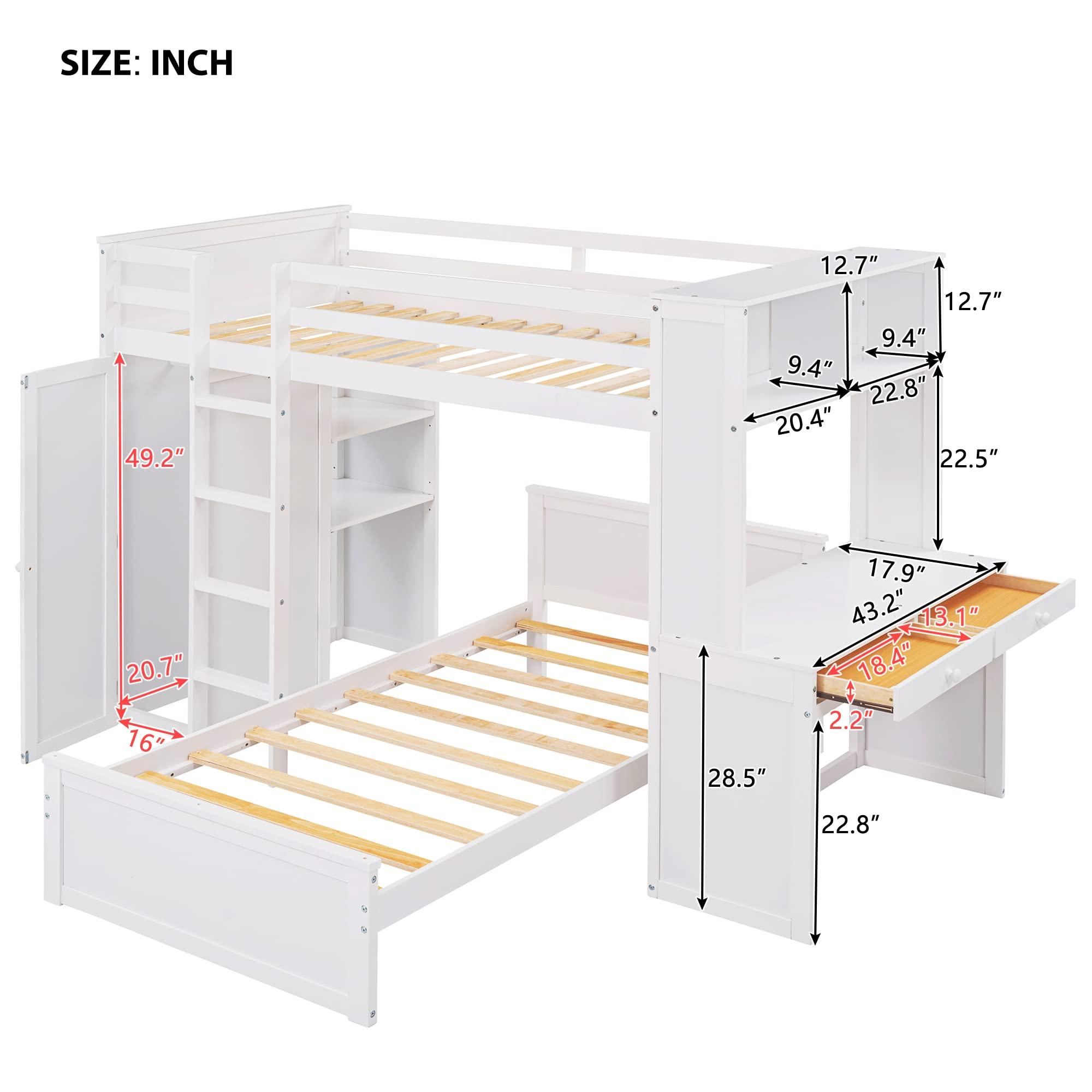 TRIPLE TREE Loft Bed Twin Size, Wood Loft Bed Frame with a Stand-Alone Bedframe, Shelves, Desk and Wardrobe for Teens, Girls and Boys, Save Space Bunk Bed, 2 Beds in 1 Multifunctional Bed Frame, White