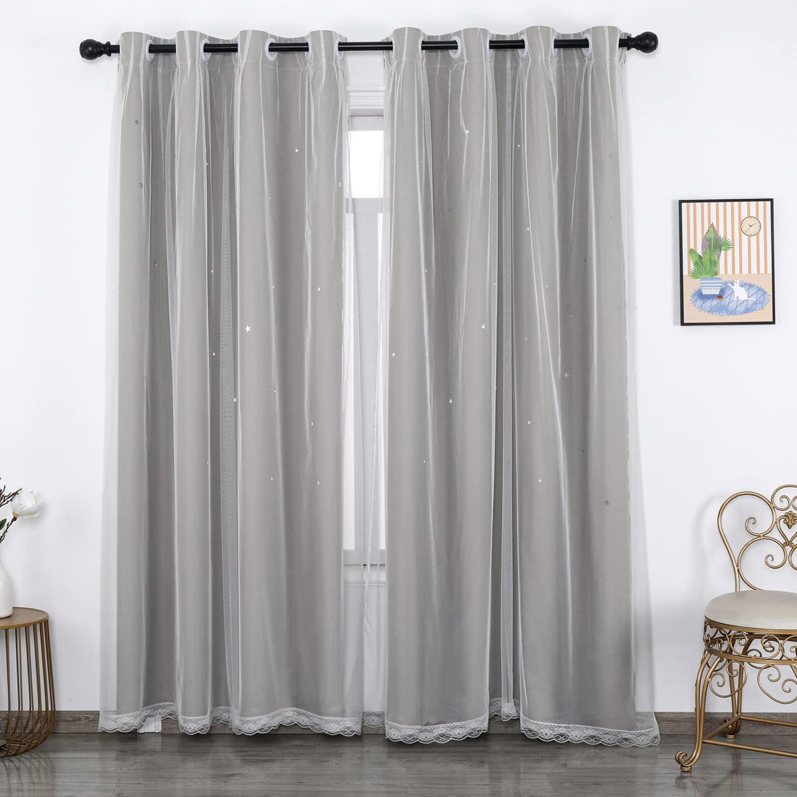 KTCLE Star Curtain Kids Curtains for Girls Bedroom Living Room Blackout Curtain Double Layer Star Cut Out Grommet Window Curtains 1 Panel,Gray,54x120 in