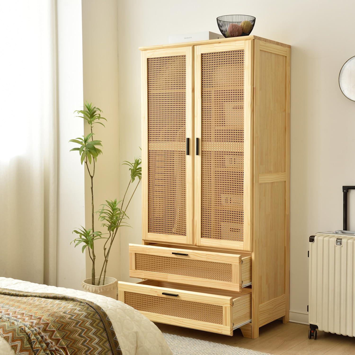 Woodpeckers Furniture And Mattress Pine Wood Closet with Rattan Doors and Two Drawers (Natural)