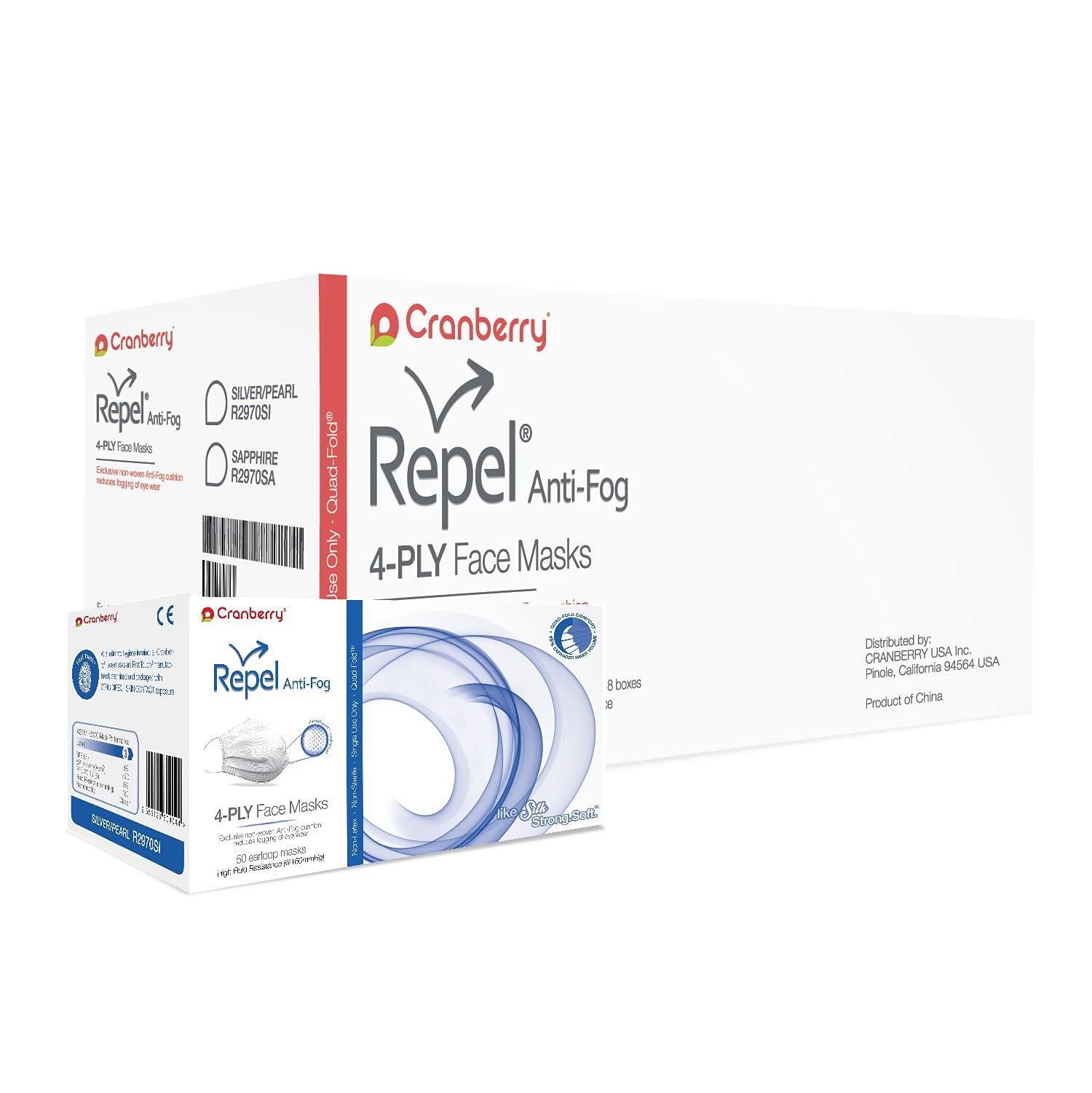 Cranberry USA Cranberry USA R2970SIcase Repel 4-Ply Ear Loop Face Mask, Anti-Fog, ASTM Level 3, Silver (Pack of 400)