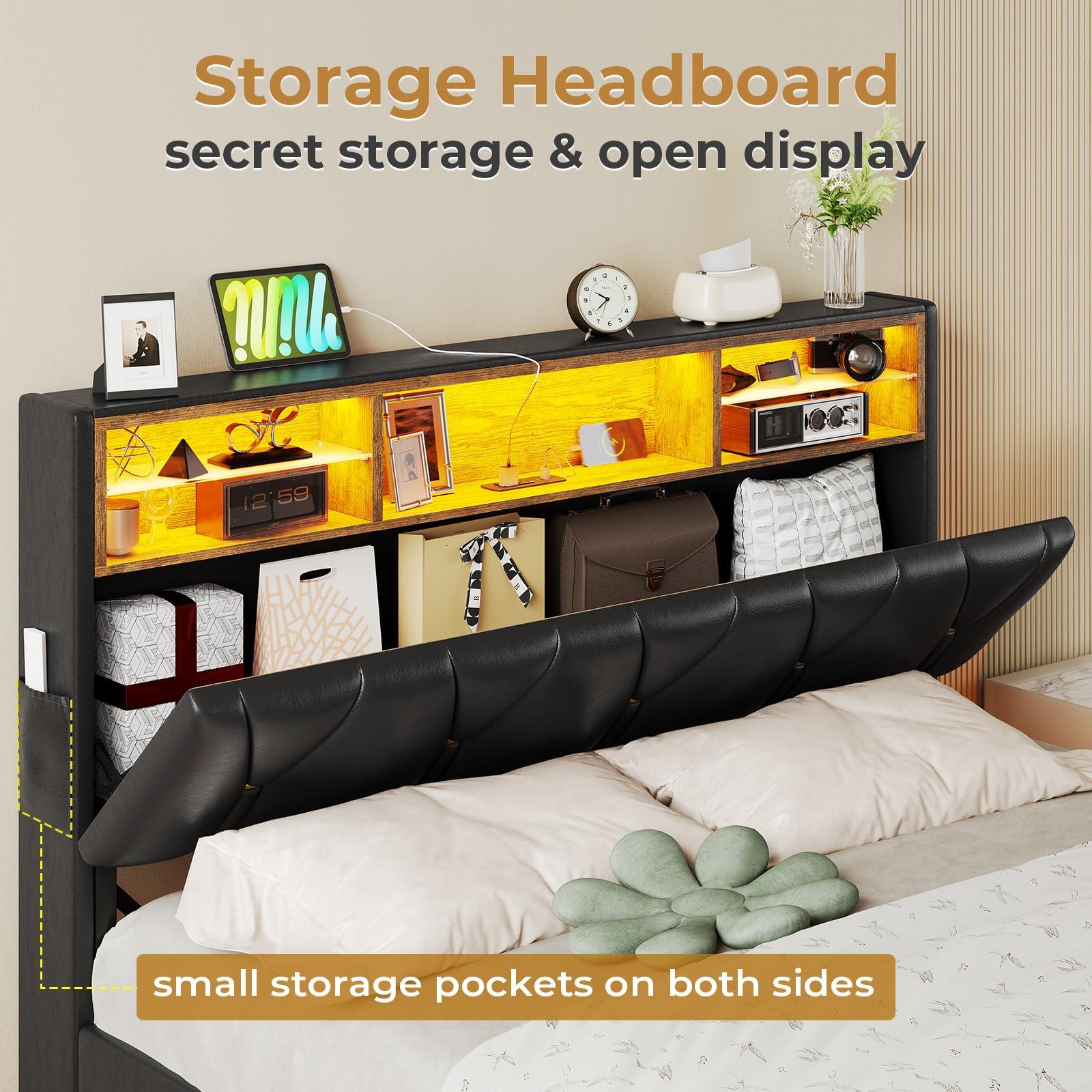ADORNEVE ADORNEVE Full Size Bed Frame with LED Lights and Storage Headboard, LED Bed Frame with Outlets and USB Ports, Upholstered Platform Bed with Hidden Storage, Easy Assembly, PU Black