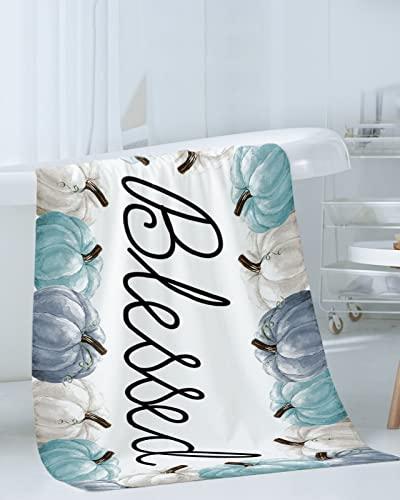 ZOE GARDEN Fall Pumpkins Bathroom Towel Set,Microfiber Bath Kitchen Beach Hand Dish Towels Set,Quick Dry Luxury Soft Decorative Towels+Set Clearance Bulk Decor(3-PC) Teal Blue White Autumn Thanksgiving Day