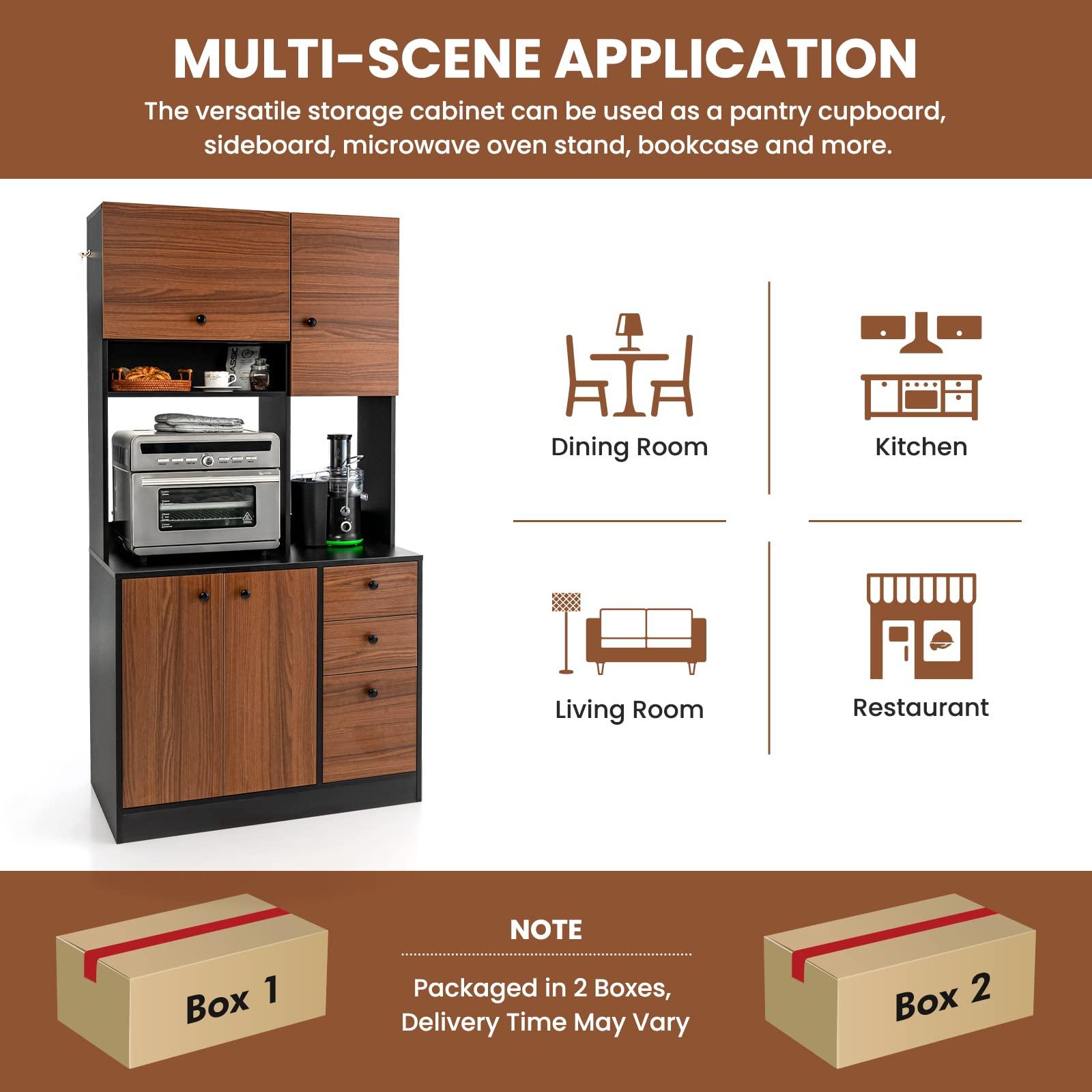 LOKO LOKO 71 Tall Kitchen Pantry Storage Cabinet, Freestanding Buffet Hutch with Doors, Adjustable Shelves, 3 Drawers and Microwave Stand, Kitchen Hutch for Dining Room, Living Room (Walnut)