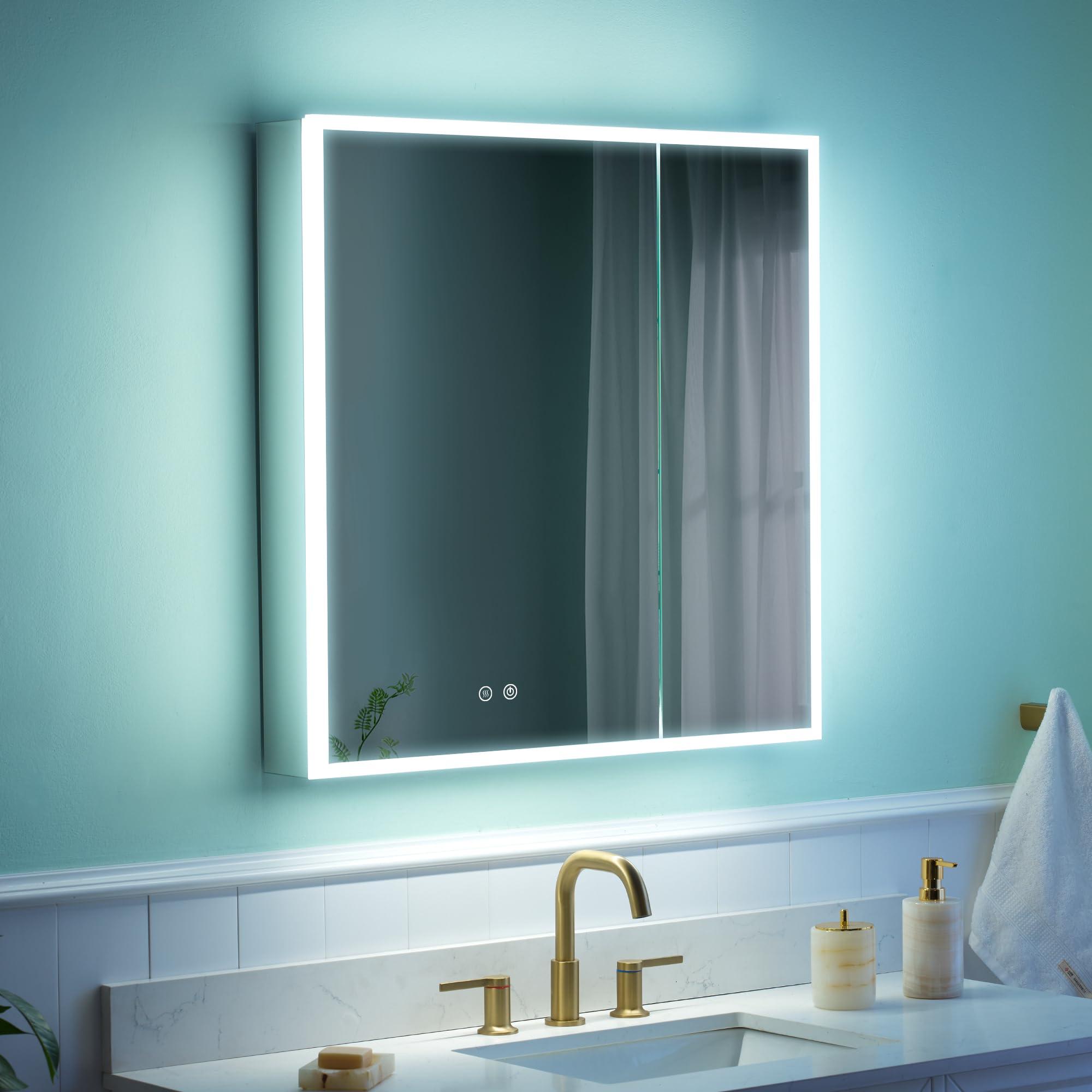 WELLFOR WELLFOR 30\" X 30\" Medicine Cabinet with Lights, 3X Magnification, Anti-Fog Mirrored Cabinet, Bathroom Vanity Medicine Cabinet with Outlets & USB Ports, Double Doors