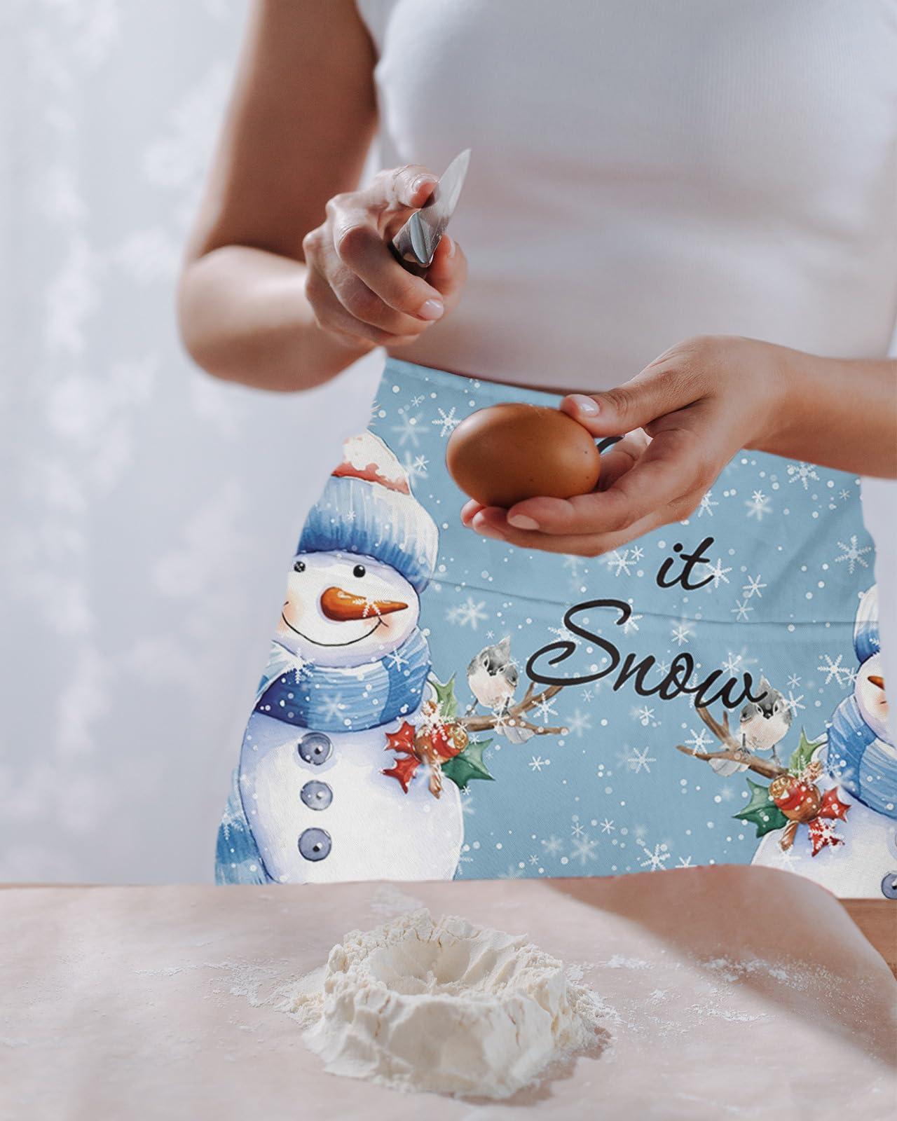 OComster OComster Christmas Waist Server Aprons, Snowman Snowflake Xmas Tree Bird Blue Waitress Apron with Pockets, Waiter Half Apron
