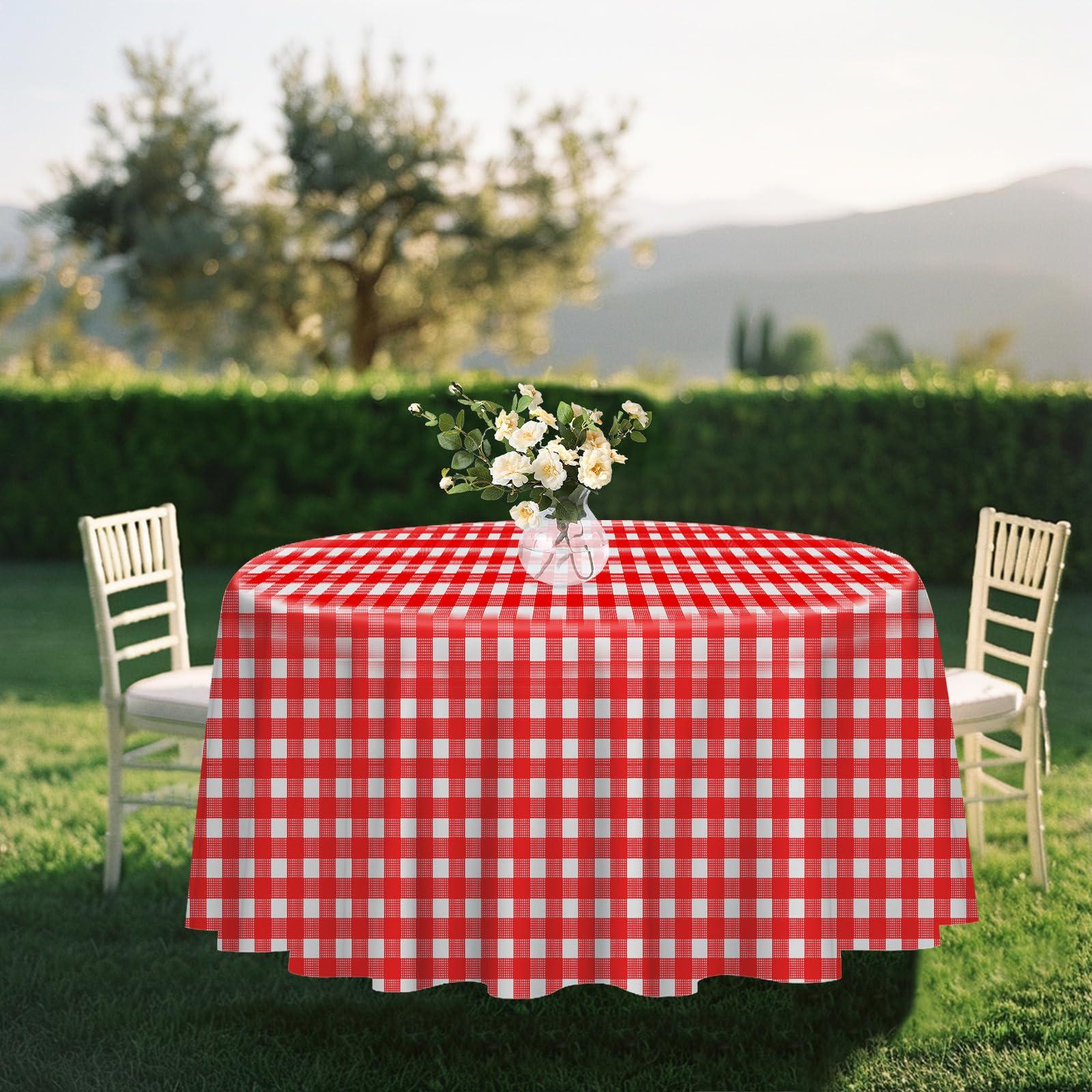 RINDOJIN RINDOJIN 3 Pack Red Gingham Tablecloth Round 84 x 84 Inch Round Plastic Checkered Table Cloth Disposable Plaid Table Cover for Picnic Party Birthday Wedding Baby Shower Christmas Circle Tablecloth
