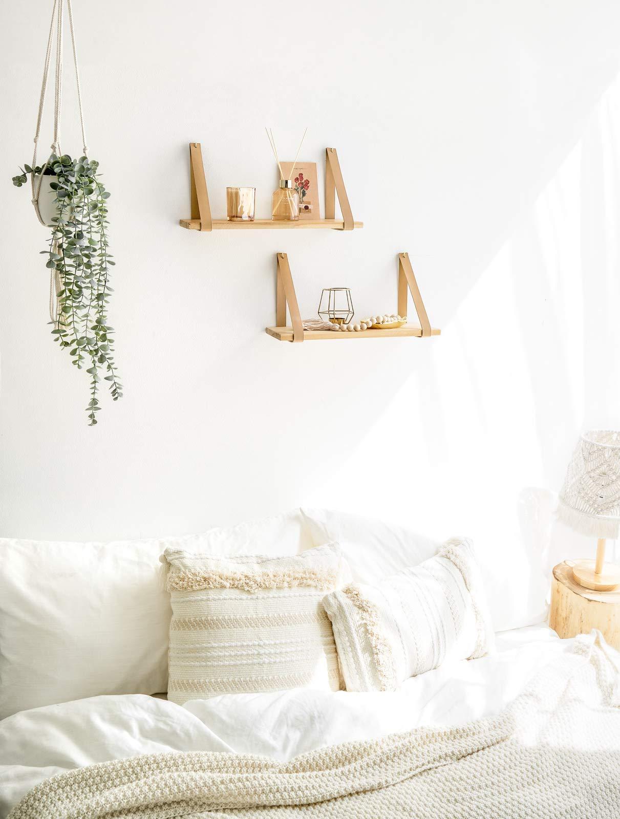 Mkono Mkono Leather Strap Swing Organizer and Macrame Hanging Shelf Boho Wall Decor 2 Tier Handmade Cotton Rope Rustic Wood Floating Shelves