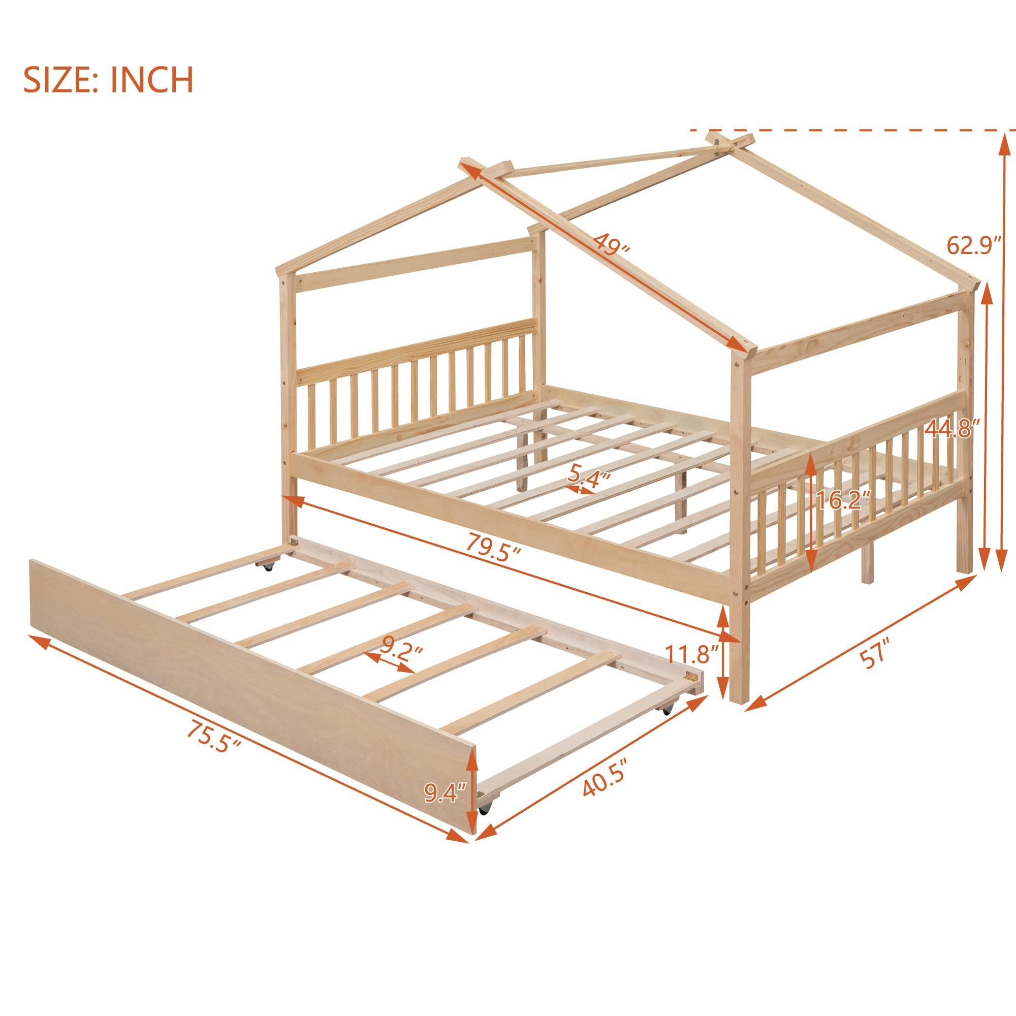 Tdewlye Full Size Wooden House Bed with Twin Size Trundle and Roof,Platform Bed with Headboard and Footboard,for Kids Teens Girls Boys Bedroom (Natural@z, Full)