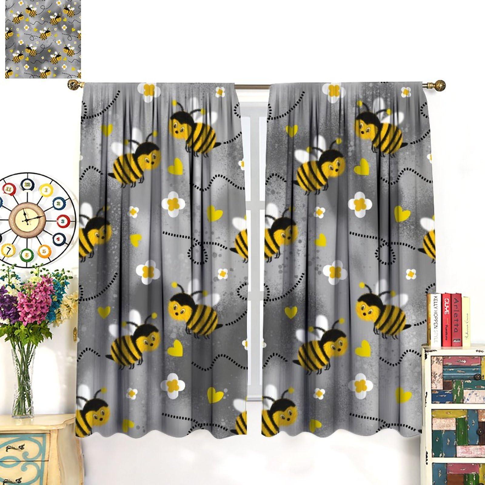 HZOHNAGO HZOHNAGO Bee Curtains Cute Bees White Flowers Grey Blackground Blackout Print Rod Pocket Window Drapes for Bedroom Living Room 84x84in