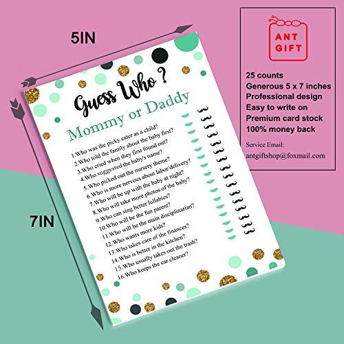 Antgiftshop 25 Guess Who Mommy or Daddy Fun Baby Shower Game Idea For Girl or Boy Cute Gold Gender Neutral Party, Funny Activity Questions at Gender Reveal Bundle, Party Activities Supplies For Kids, Mom, Dad