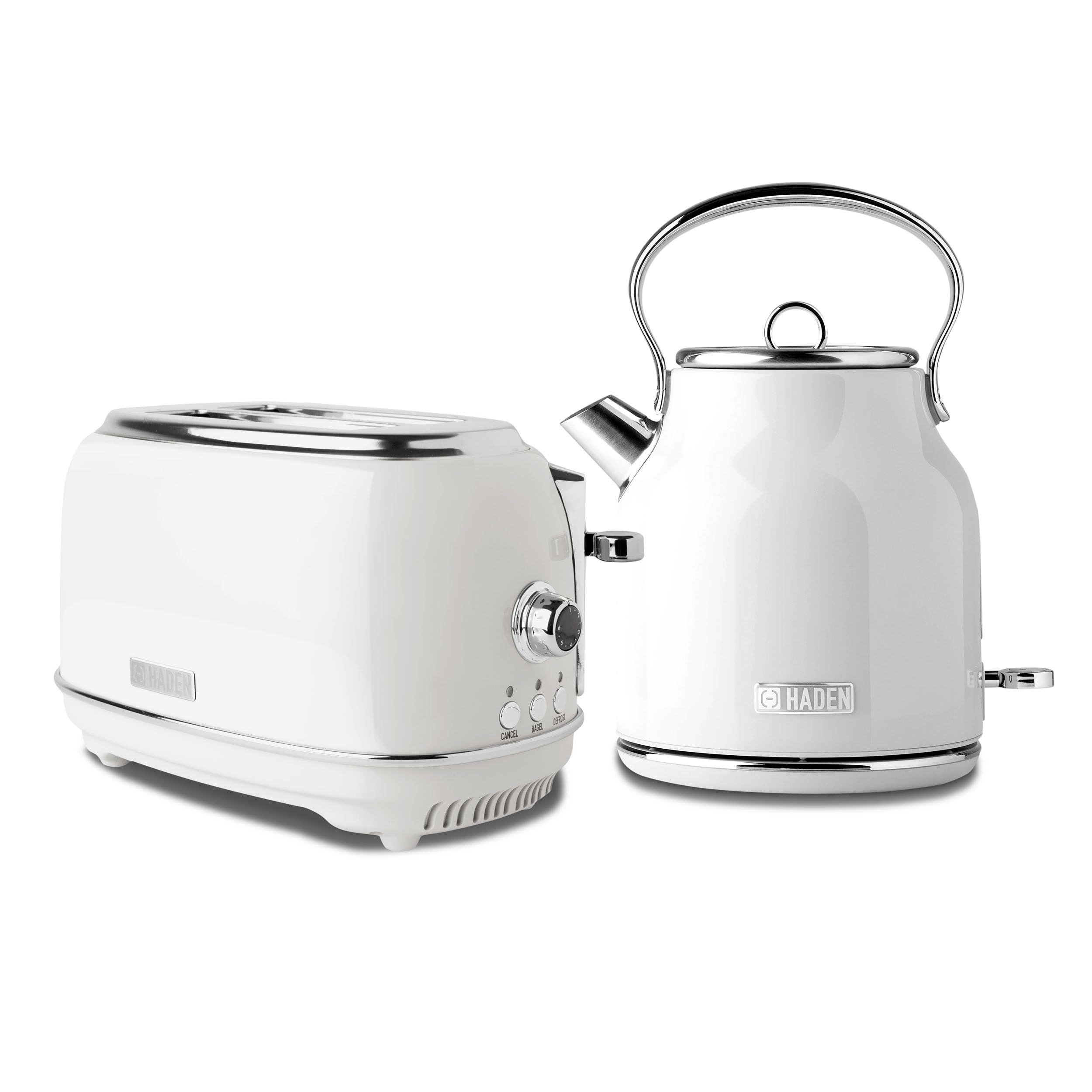 HADEN Haden Heritage 1.7 Liter Stainless Steel Body Retro Electric Tea Kettle with 2 Slice Wide Slot Stainless Steel Bread Toaster, White
