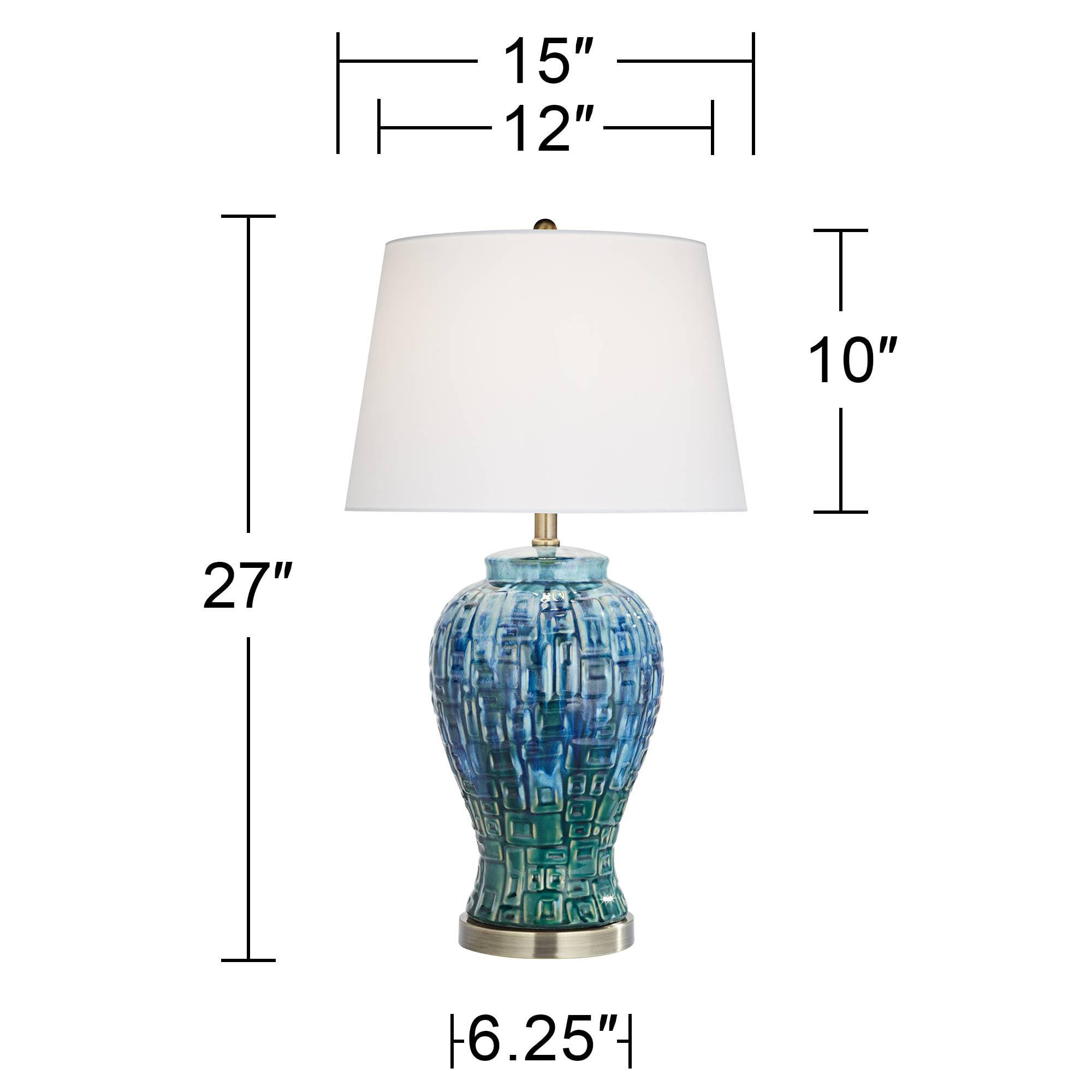 Possini Euro Design Possini Euro Design Asian Modern Table Lamp 27\" Tall Teal Glaze Textured Ceramic Temple Jar White Tapered Drum Shade for Bedroom Living Room House Home Bedside Nightstand Office Entryway Family