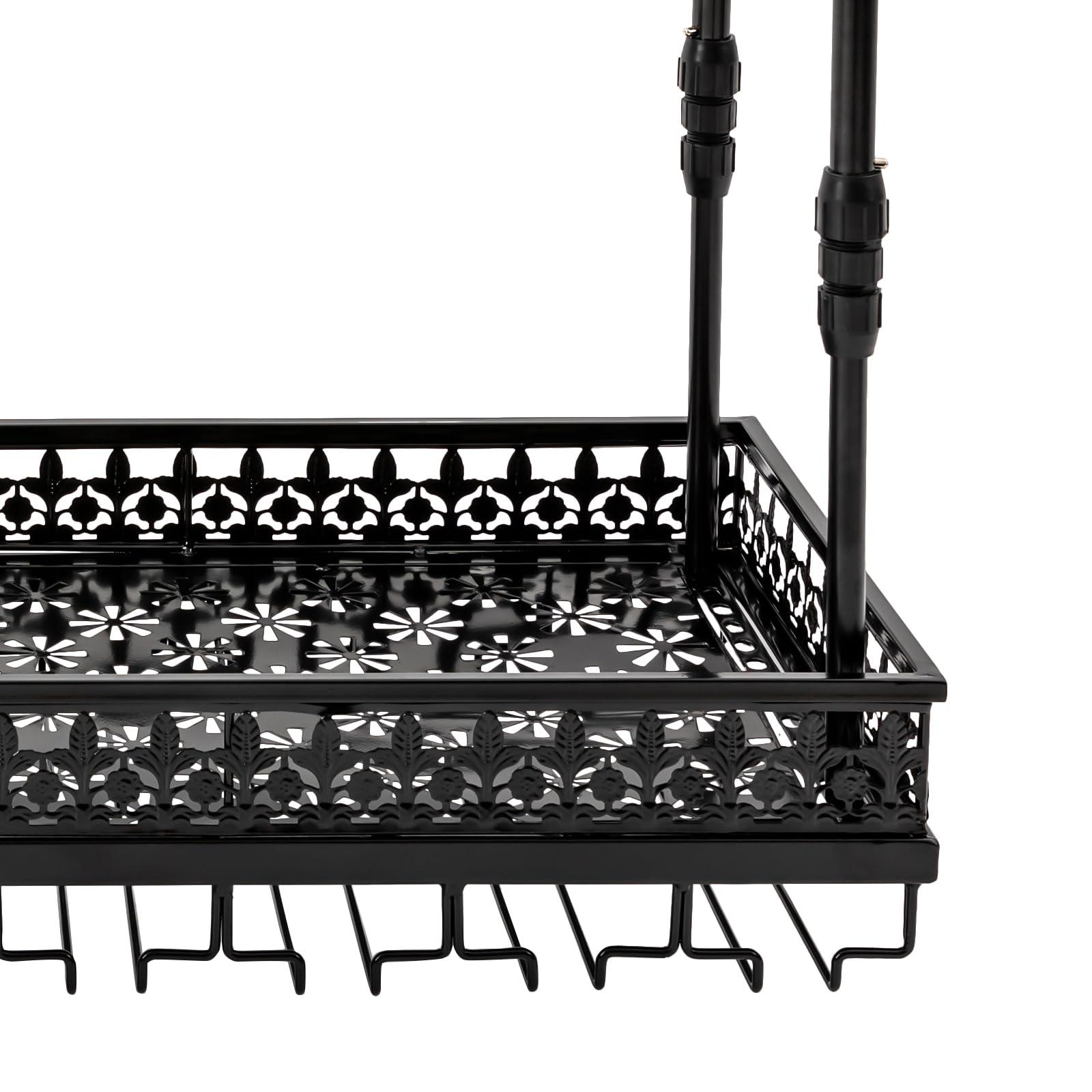 CNCEST Black Vintage Wine Glass Rack, 13.78\"- 21.65\" Height Adjustable Ceiling Mounted Hanging Wine Bottle Holder Stemware Hanger Rack Metal Bar Floating Shelf for Bar Kitchen, Capacity: 36 Goblets(L: 90cm)