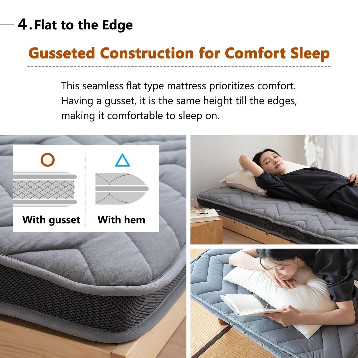 EMOOR EMOOR Japanese Wool-Blend Padded Futon Mattress GOMA Queen Dark Gray, Gusset Foldable Sotrable Elastic Bands Floor Sleeping Guest Bed Tatami Mat