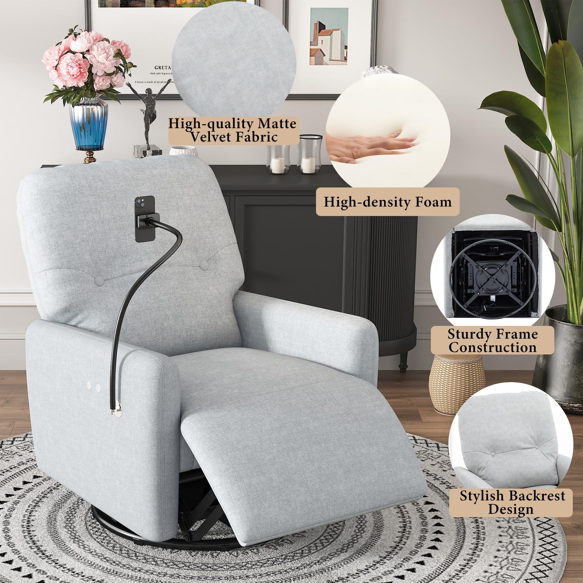 HABITRIO Swivel Electric Recliner Chair Single, Fabric Upholstered Button Tufted Home Theater Power Motion Reclining 270-Degree Rotating Rocking Single Sofa with Phone Holder for Living Room, Office, Bedroom