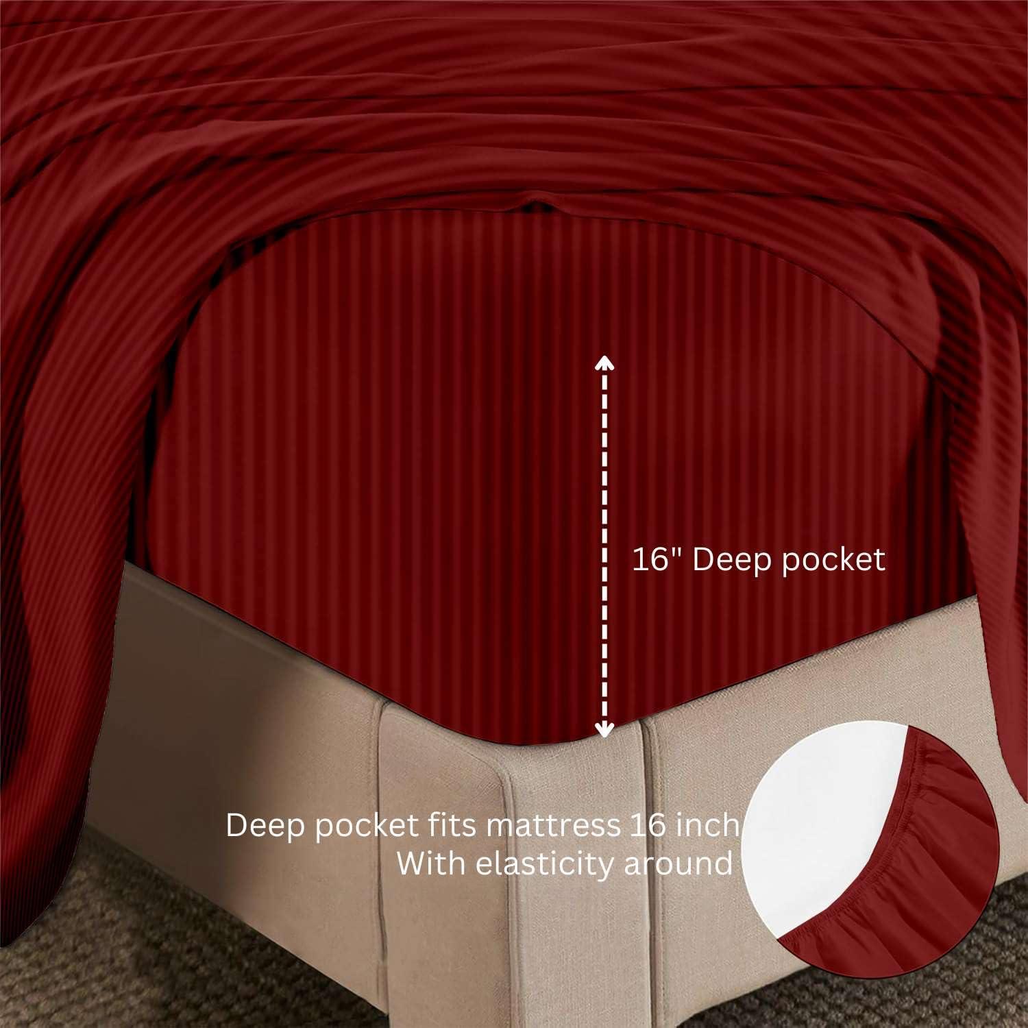 NON Sticky cotton Queen Size Sheet Set - 6 Piece Set - 400-Thread-Count 100% Egyptian Cotton Bed Sheets - Deep Pockets - Easy Fit - Bed Sheets Queen Size Set - Burgundy Stripe Bed Sheets - Queens Sheets - 6 PC