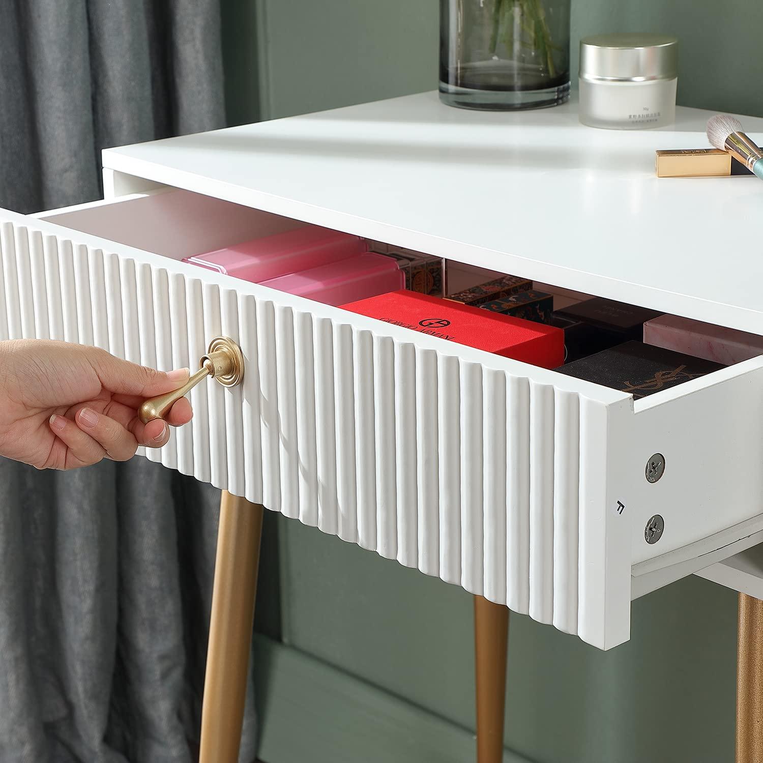 LUKYRA LUKYRA Small Vanity Desk with Drawers,Fluted Compact Makeup Table with Storage, Mini White and Gold Dressing Table (Without Mirror and Stool)