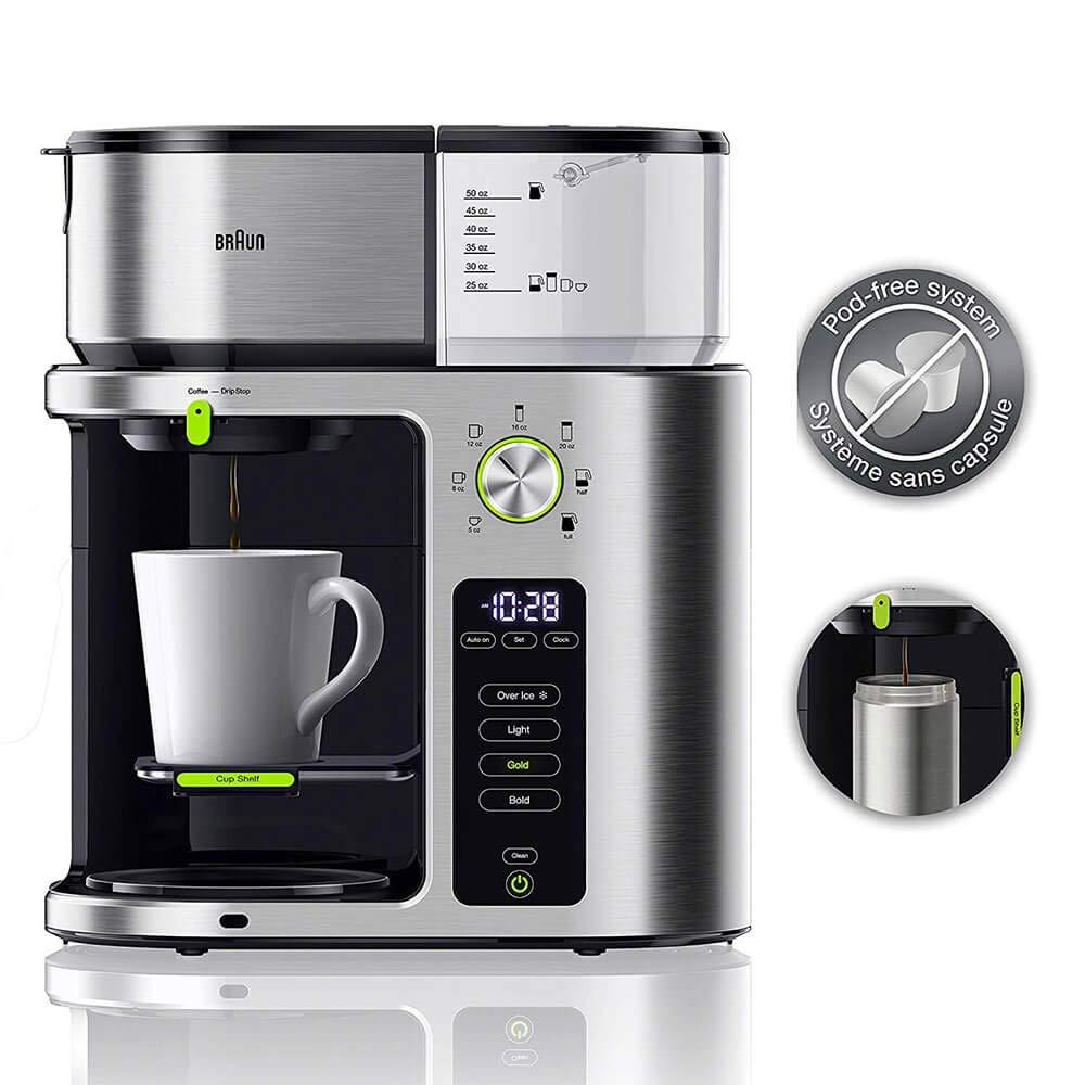 Braun Braun MultiServe Coffee Machine 7 Programmable Brew Sizes / 3 Strengths + Iced Coffee & Hot Water for Tea, Glass Carafe (10-Cup), Stainless Steel, Silver KF9170SI