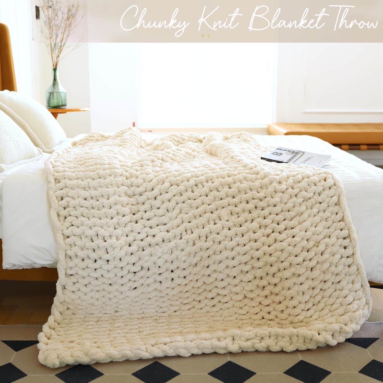 MOSDECEN Beige Chunky Knit Throw Blanket, Soft Cream Knit Throw Blanket for Couch Ivory Hand Knitted Throw Blanket Thick Boho Chunky Throws for Bed Sofa Cable Knit Blankets Crochet Chenille Blankets 50x60\'\'