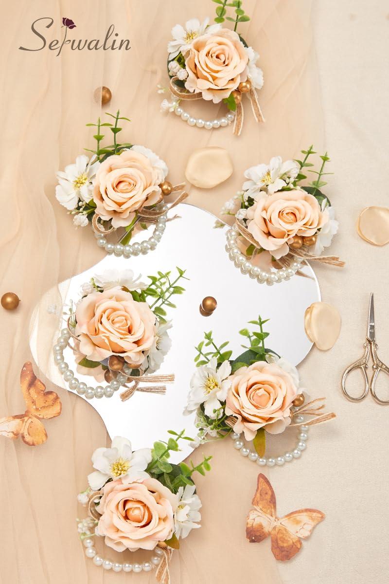 Serwalin Serwalin Champagne Corsage and Boutonniere Set, Champagne Rose Wrist Corsages for Wedding