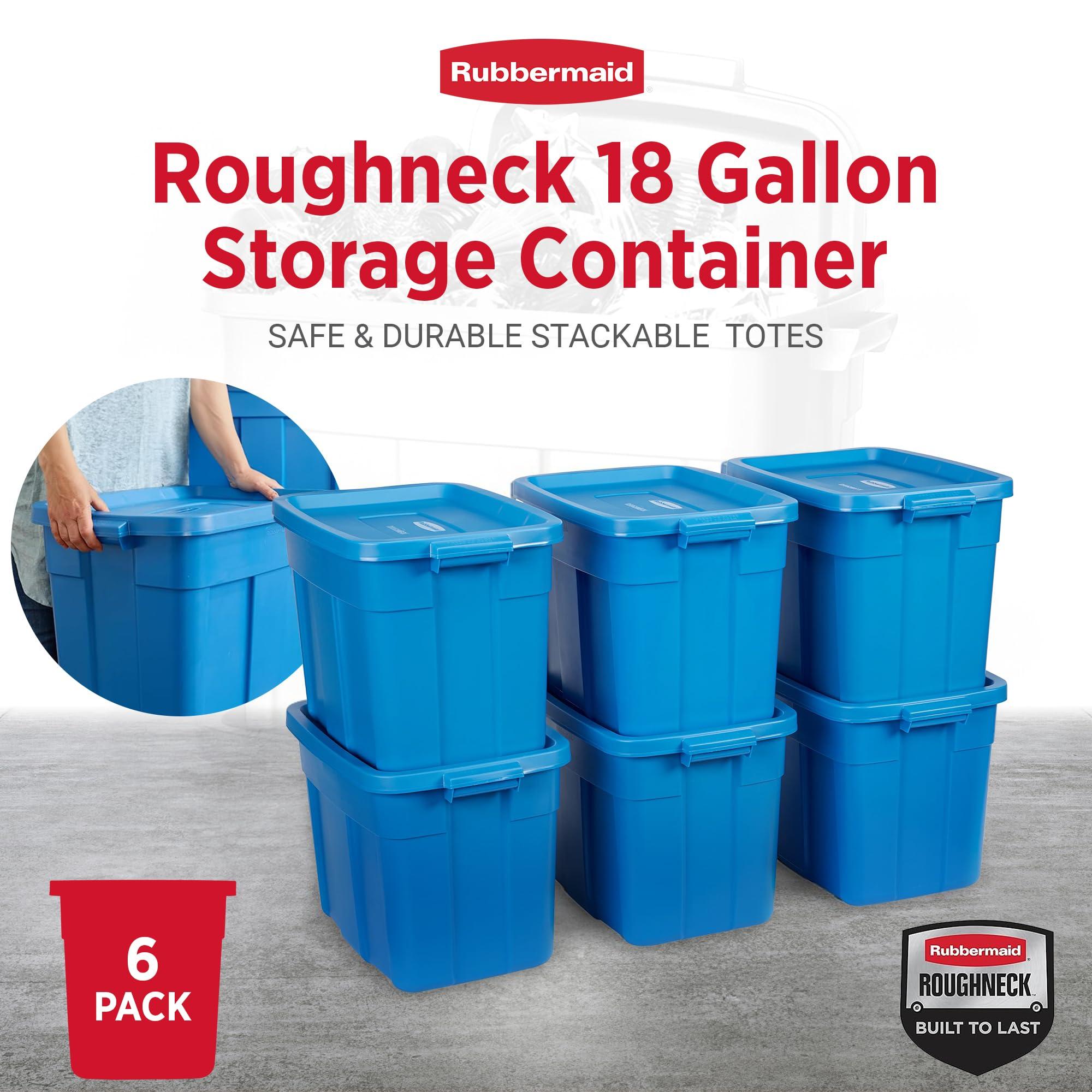 Rubbermaid Rubbermaid Roughneck Tote 18 Gal, 6 Pack, Made in USA, Herirage Blue, Rugged Plastic Stackable Storage Bins with Lids and Handles