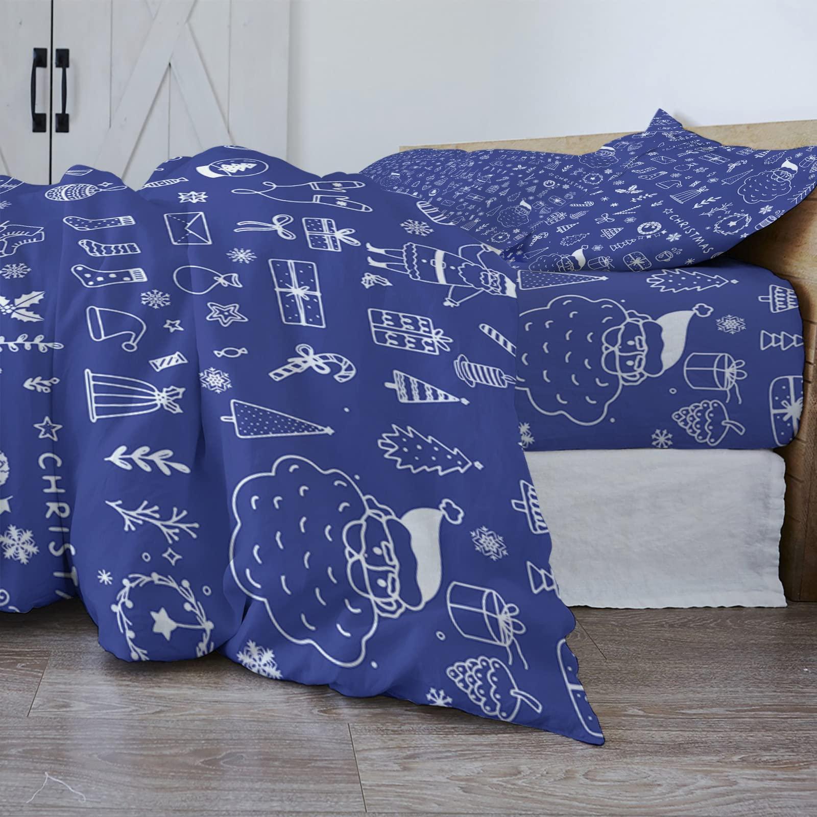 Debedcor Cal. King Comforter Covers Sets Blue Christmas 4 Piece Duvet Cover Set Lightweight Microfiber Soft Bedding Set for Adult Teen, Xmas Tree Candy Santa Christmas Stockings