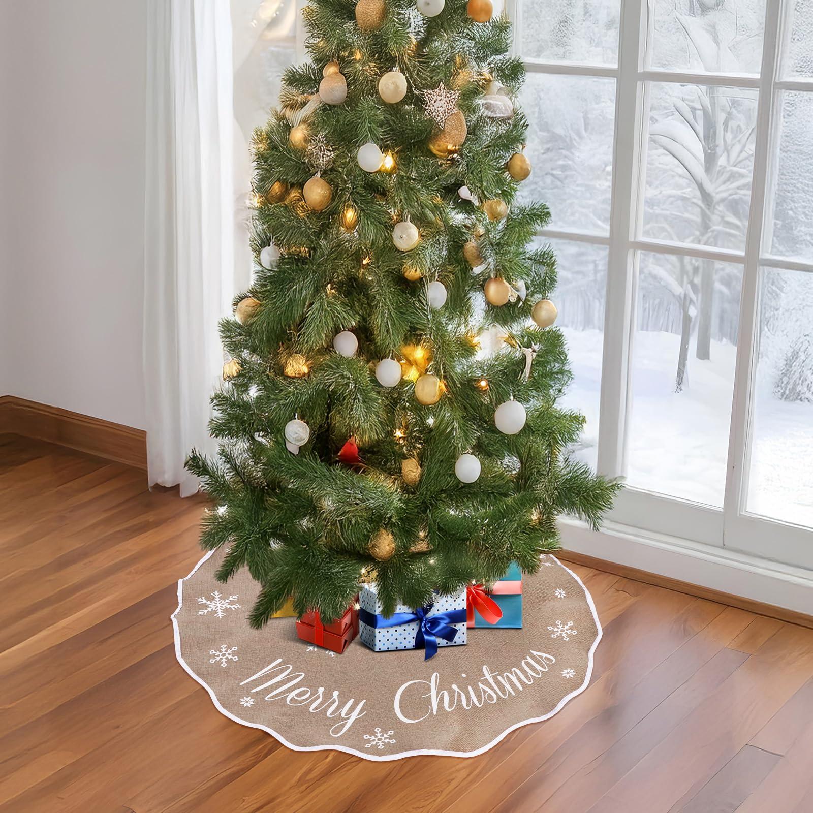 OurWarm OurWarm Christmas Tree Skirt 36 Inch, Buffalo Plaid Red Tree Skirt for 6ft Tree & 4ft Tree, Double Sided Burlap Tree Skirt Snowflake Xmas Tree Skirts for Pencil Tree Boho Rustic Farmhouse Decor