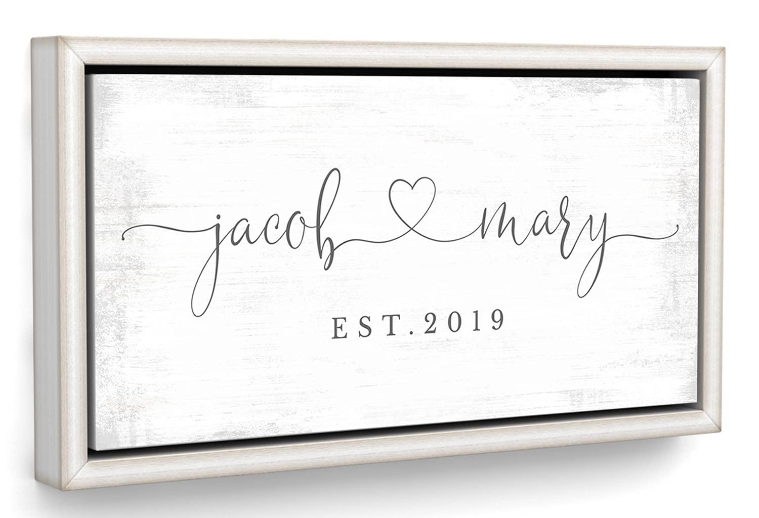 Pretty Perfect Studio Personalized Wedding Date Signs His and Hers Custom Gift For Husband & Wife Marriage Establish Sign for Master Bedroom Above the Bed Canvas Wall Art - Rustic White Framed 10"x20"