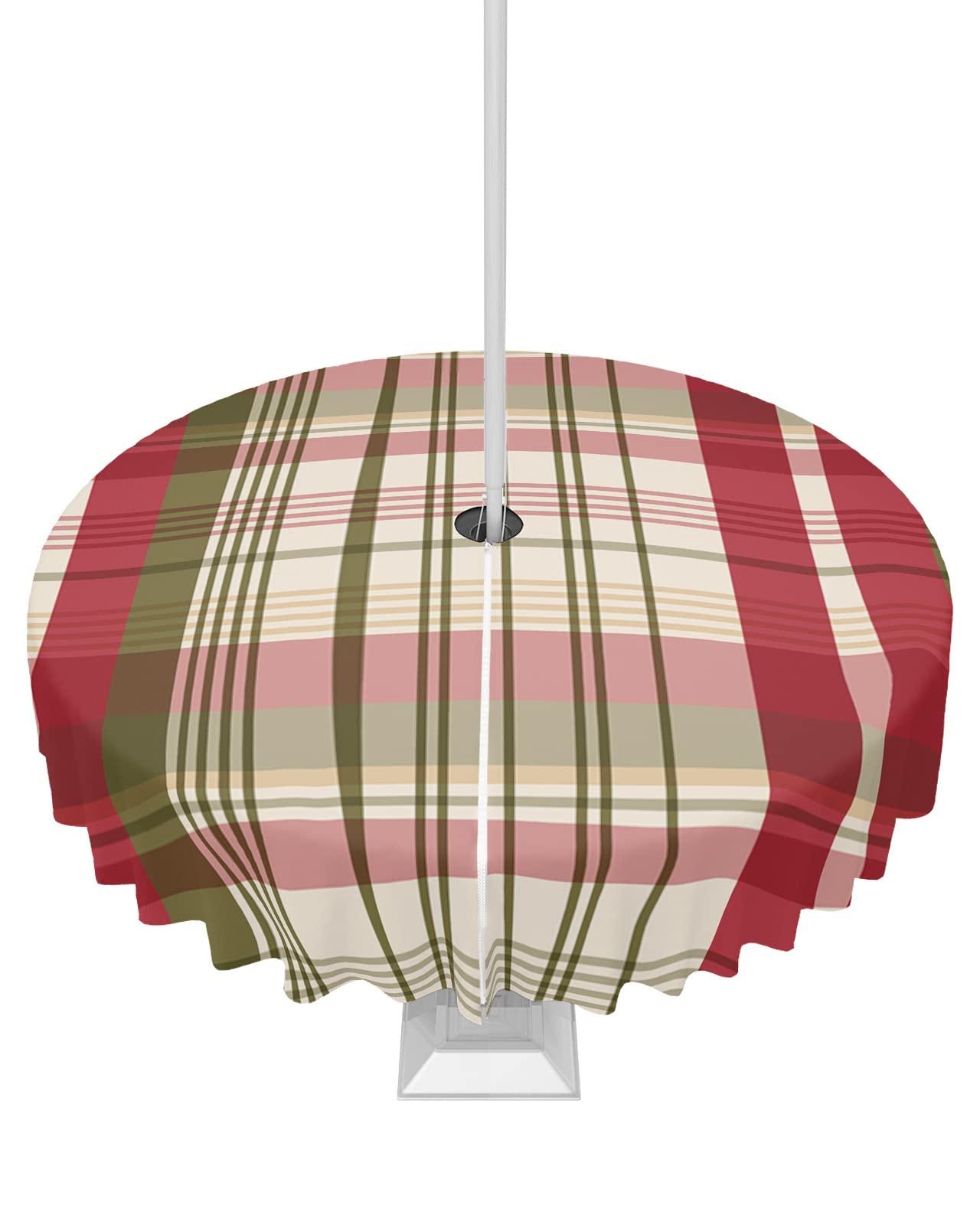 Boanket Boanket Outdoor Tablecloth with Umbrella Hole for Patio/Picnic/Party/Camping, Red Teal Ombre Checkered Waterproof Table Cloth Round Cover Washable, Farmhouse Buffalo Plaid (Dia 60\")