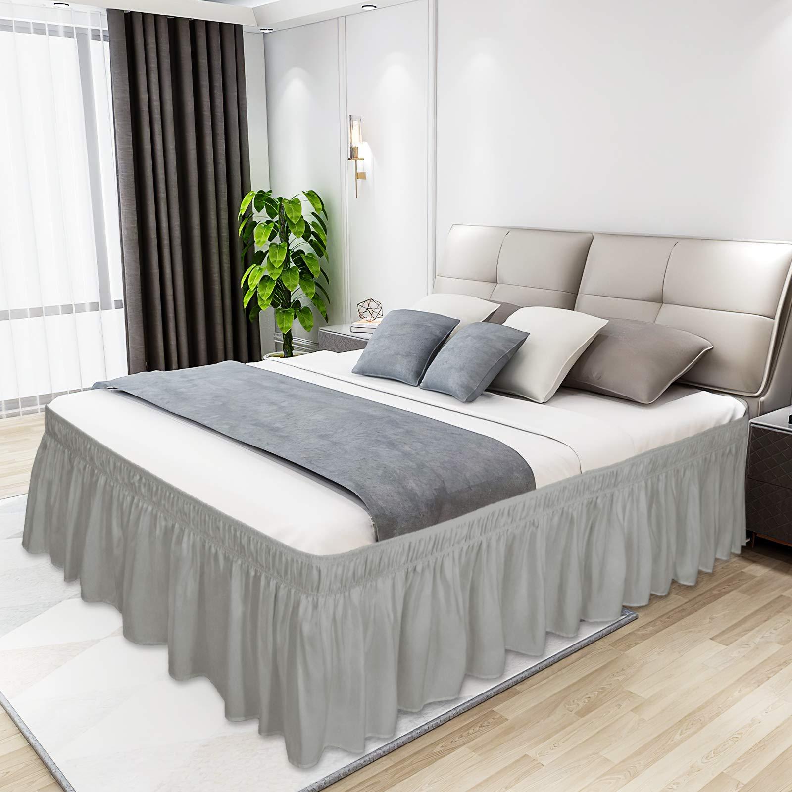 Star Linen Wrap Around Bed Skirts for Queen Beds 16 Inches Drop, Light Grey Elastic Dust Ruffles Easy Fit Wrinkle & Fade Resistant Silky Luxurious Fabric Solid Machine Washable
