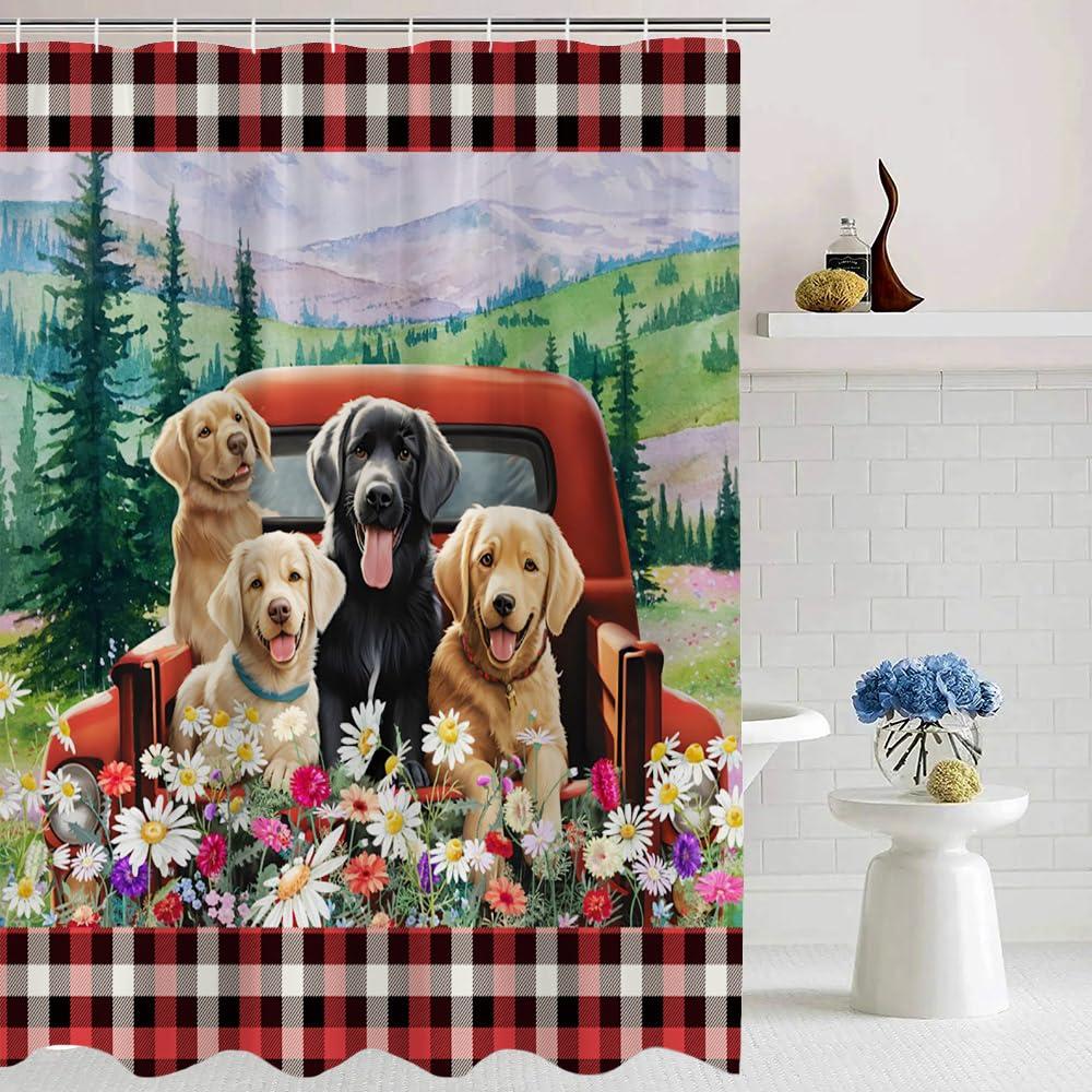 JEJOMEAG JEJOMEAG Dog Shower Curtain Cute Farmhouse Animals Retro Red Truck Rustic Daisy Floral Spring Country Fabric Bathroom Curtain with Hooks, 67x70 Inch
