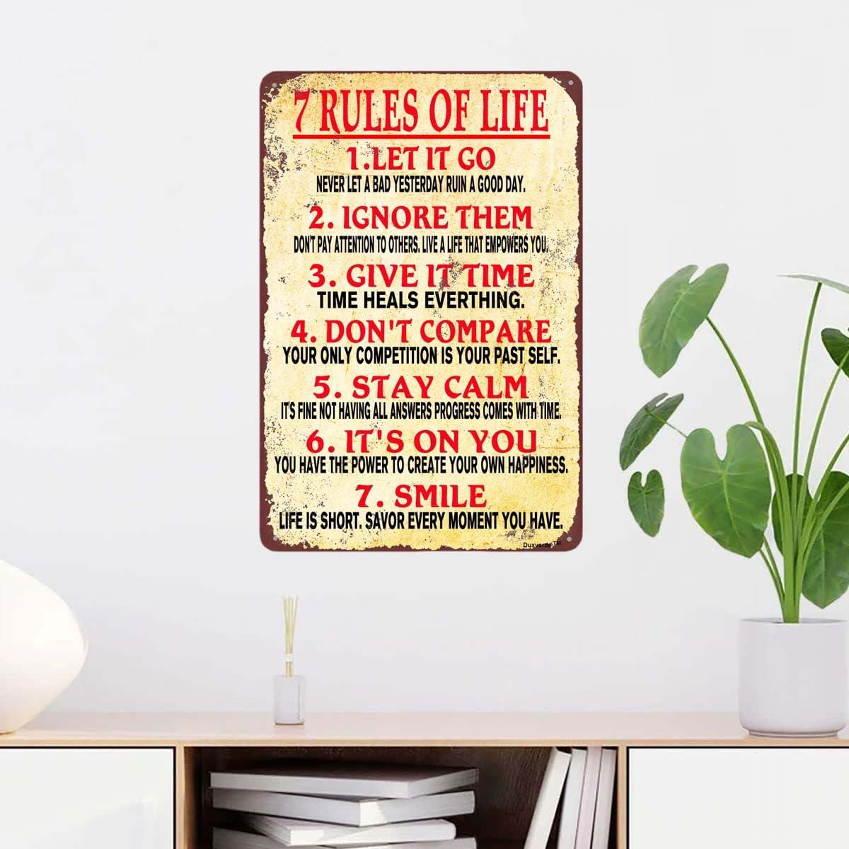 Duxverde 12\"x16\" Aluminum Sign, 7 Rules of Life Sign, Inspiring Positive Quotes Room Decor for Living Room Bedroom Classroom