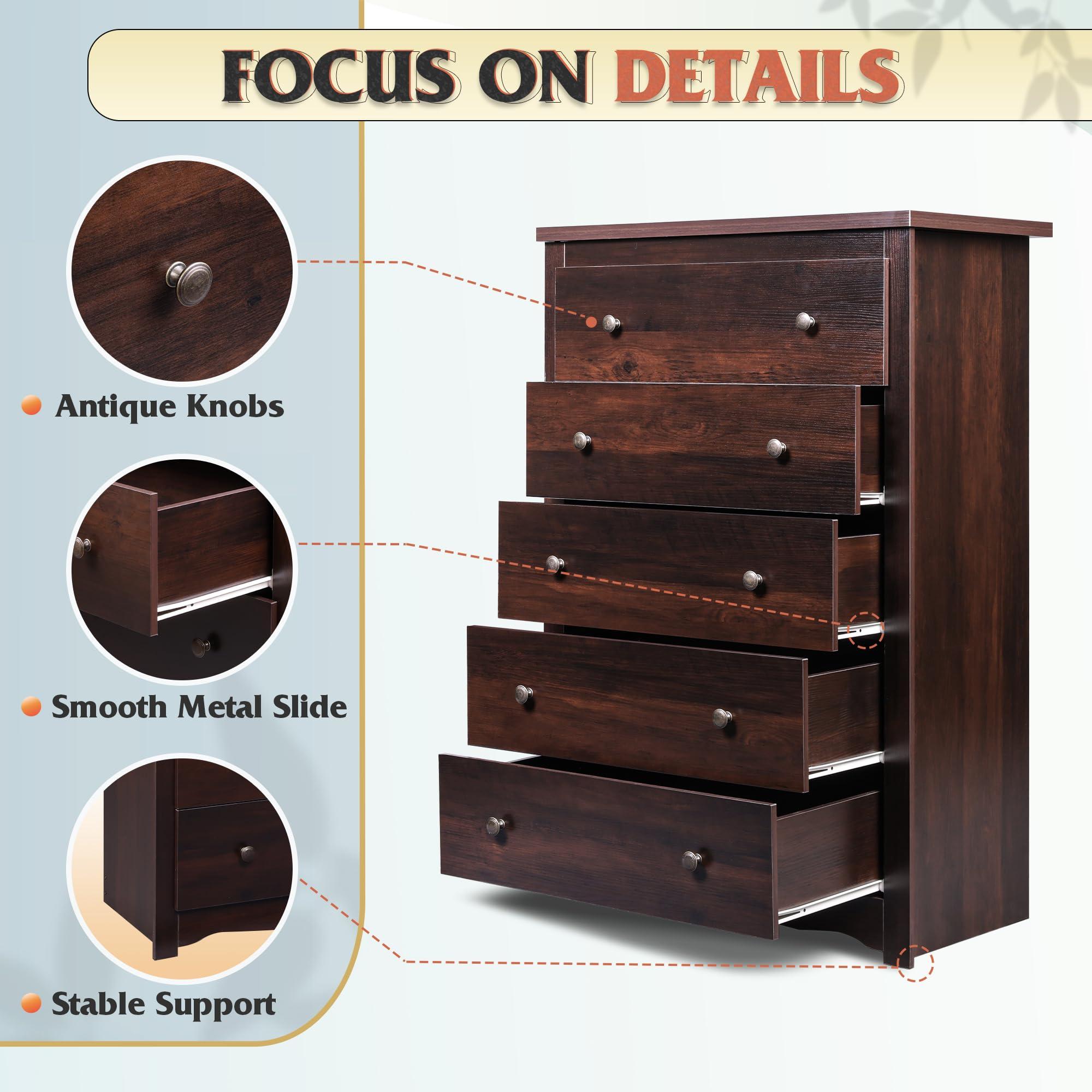 WLIVE WLIVE Wood Dresser with 5 Drawer, Cabinets Dressers Wood Dresser Cabinet, Organizer Drawers for Bedroom, Living, Hallway, Measuring 15.7\" W*31.4\" D*45.3\" H, Brown