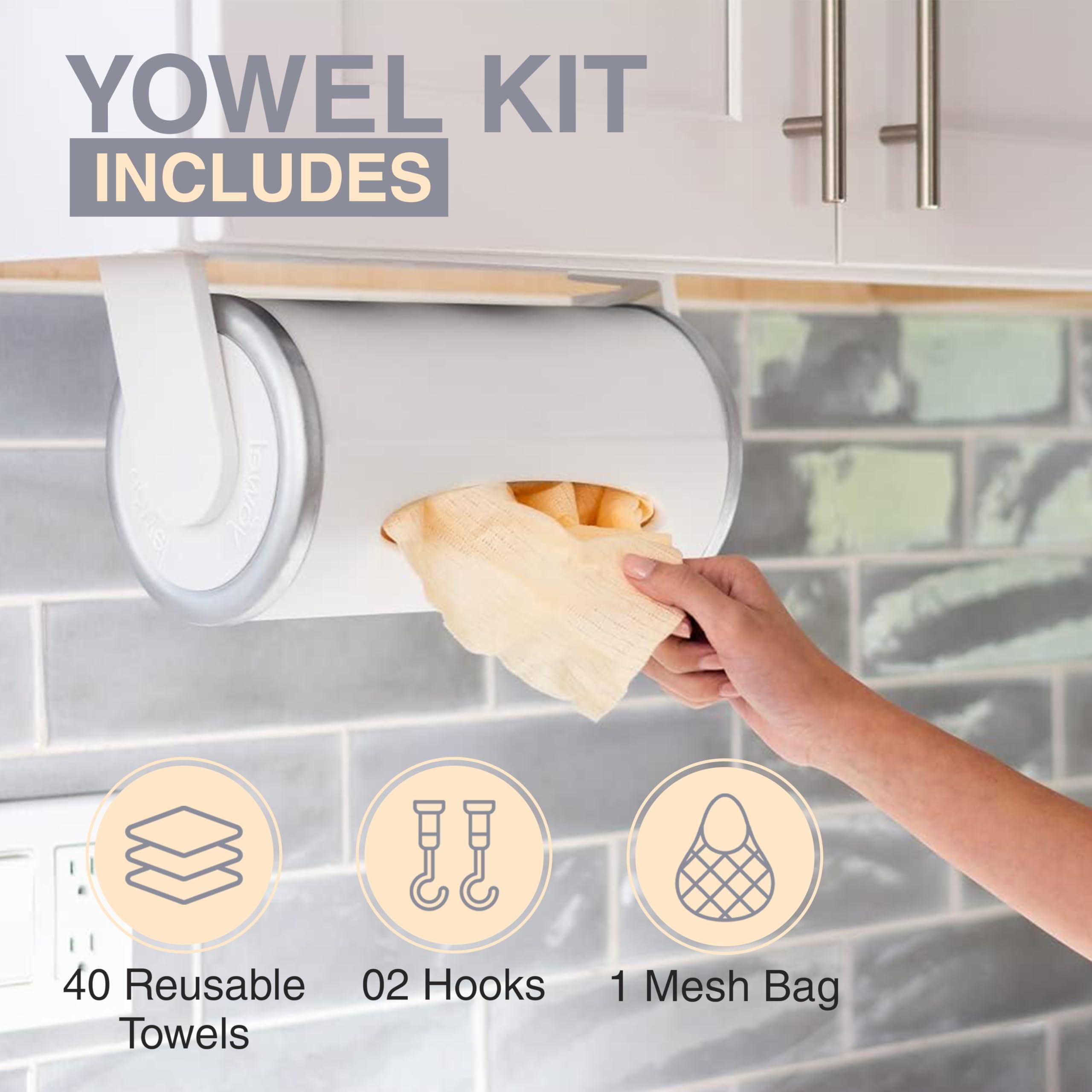 YOWEL YOWEL Under Cabinet Reusable Towel Dispenser | Includes 40-Eco Friendly Reusable Towels, 1-Mesh Bag, 2-Hooks