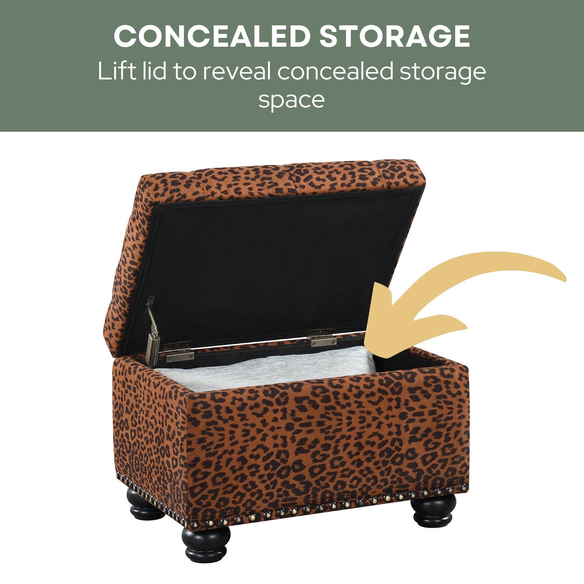 Convenience Concepts Convenience Concepts Designs4Comfort 5th Avenue Upholstered Storage Ottoman 24\" - Contemporary Foot Stool and Seat with Hinged Lid for Living Room, Dining Room, Office, Den, Forest Leopard Print Fabric