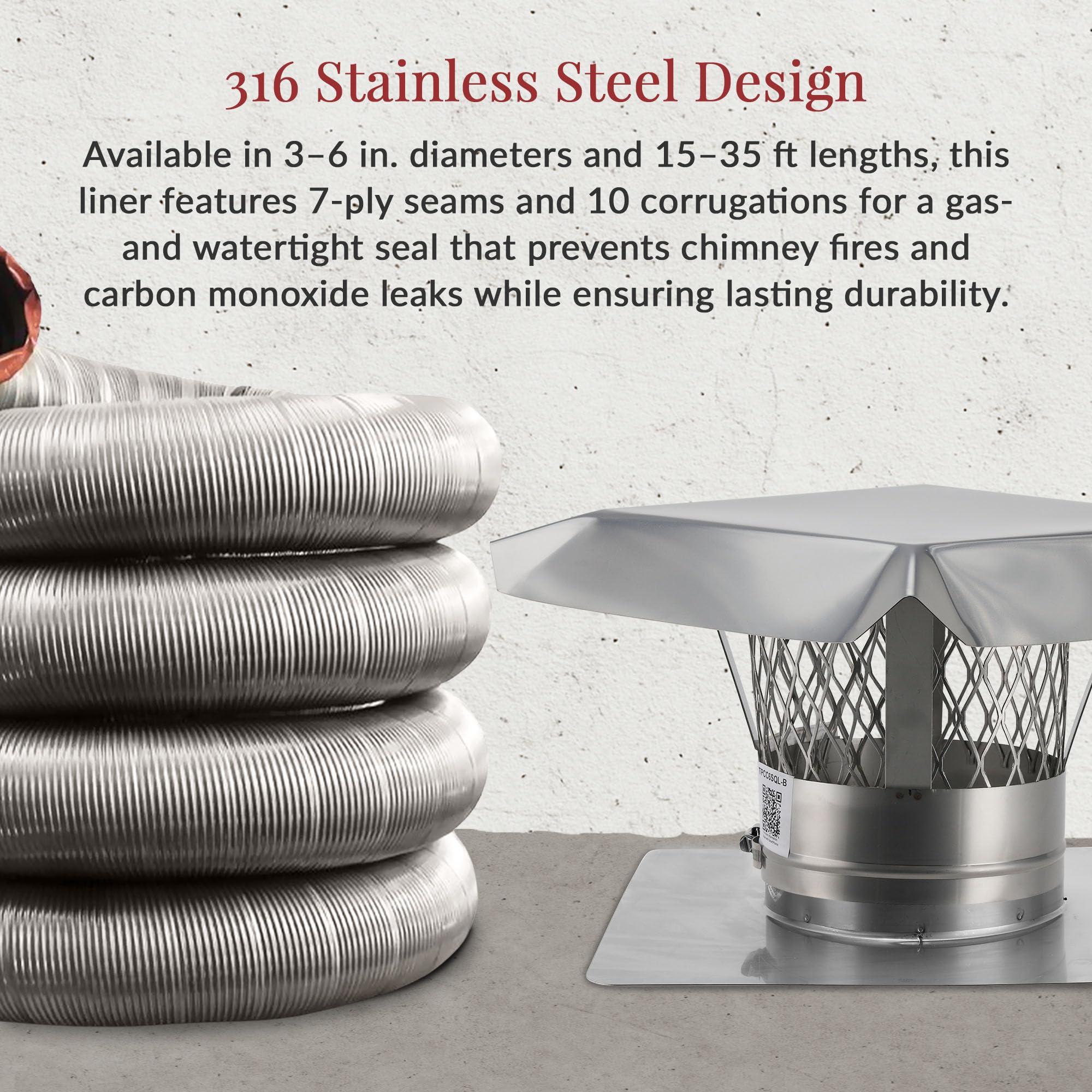 Fireside Chimney Supply Fireside Chimney Supply FireSafe Flexible 316L Stainless Steel Smooth Wall Basic Chimney Liner Kit - 5in x 25ft