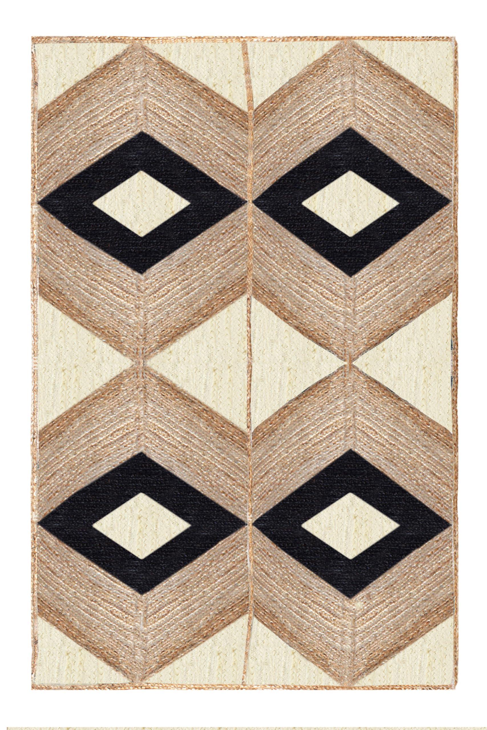 CASAVANI Geometric Woven Area Rug, Natural Jute Kilim Rug, 9x9 Ft Square Beige & Black Braided Flatweave Dhurrie Carpet for Living Room, Entryway, Kitchen, Farmhouse