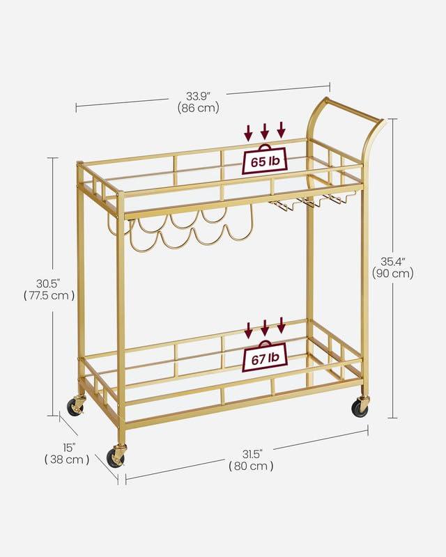 VASAGLE VASAGLE Bar Cart Gold, Home Bar Serving Cart, Wine Cart with 2 Mirrored Shelves, Wine Holders, Glass Holders, for Kitchen, Dining Room, Gold ULRC090A03