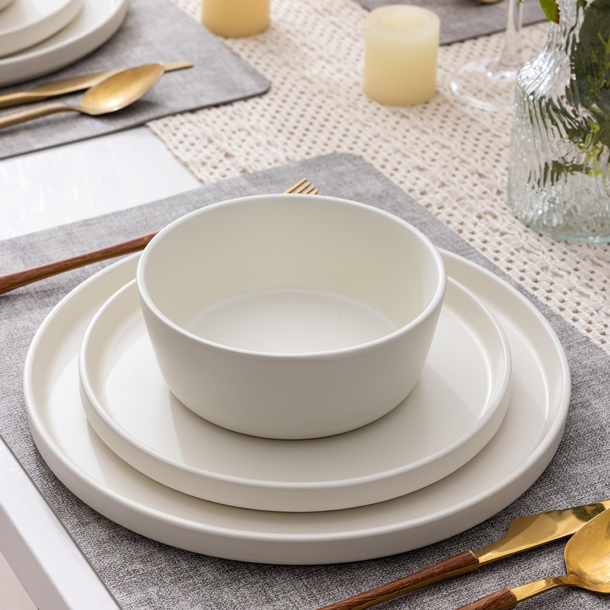 AmorArc AmorArc Ceramic Dinnerware Sets of 4, Modern Flat Stoneware Plates and Bowls Sets,Chip and Crack Resistant | Dishwasher & Microwave Safe Dishes Set,Scratch Resistant- Service for 4 (12pc)-Matte Cream