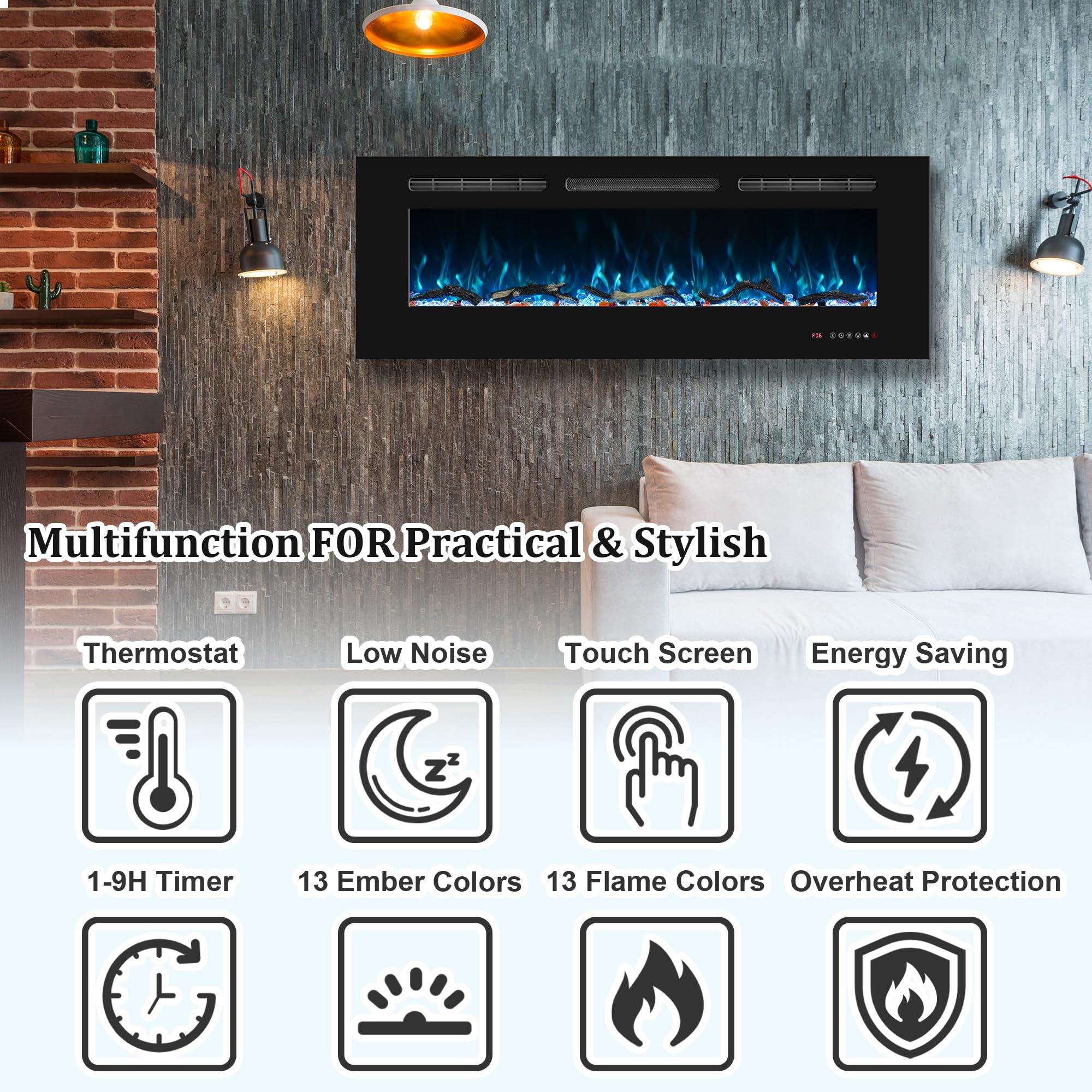 Oxhark Flame Oxhark Flame 65inch Electric Fireplace in Wall Recessed and Wall Mounted Fireplace Electric, 13 Flame Colors, Realistic Logs &Crystals Fuel Bed, Adjustable Temperature and Timer, 750W/1500W, Black