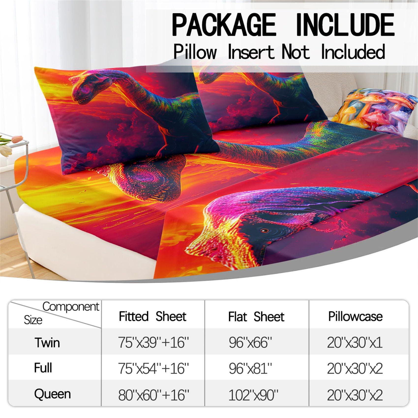 Kossmjx Dinosaur Sheet Set Queen - 4Pcs Boys Dinosaur Queen Size Bedding Set Nightfall Cartoon Dinosaur Bed Sheet with 1 Fitted Sheet & 1 Flat Sheet + 2 Pillowcases Toddler Bed Sheets for Boys Kids Bedroom