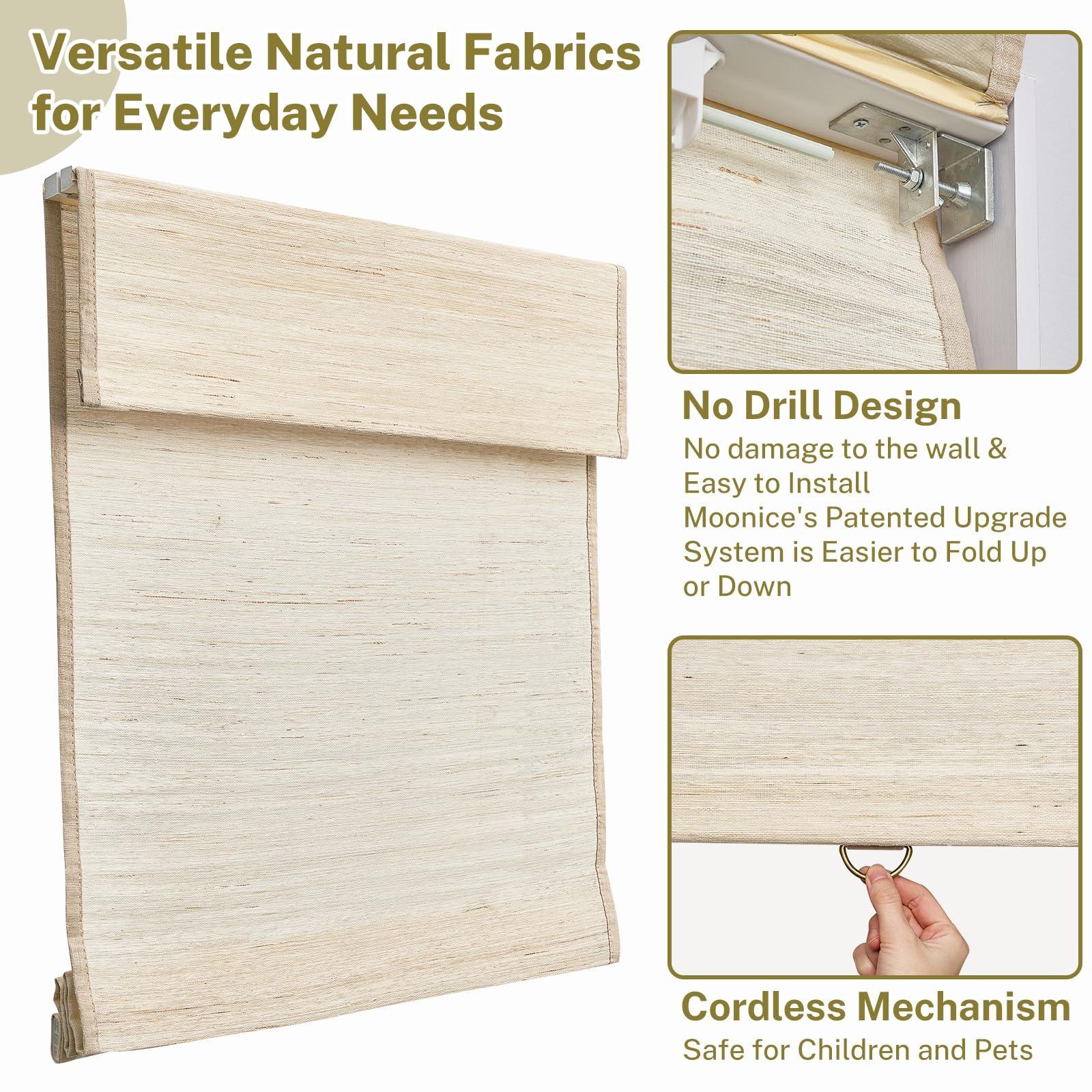 moonice Moonice No Tools No Drill Cordless Roman Shades for Window Blackout, Natural Woven Fabric Privacy Room Darkening Blinds, Thermal Insulated Easy Install Roman Blind Window Blinds Treatment, Beige