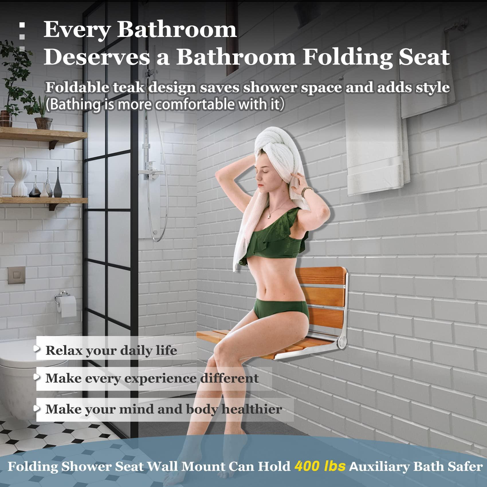 Flngr Folding Teak Shower Seat Wall Mounted,Fold Down Shower Seat,Foldable Shower Bench,Home Care Teak Shower Seat Bench for Inside Shower,Folding Shower Seat Bench,Wall Mount Shower Seat for Christmas