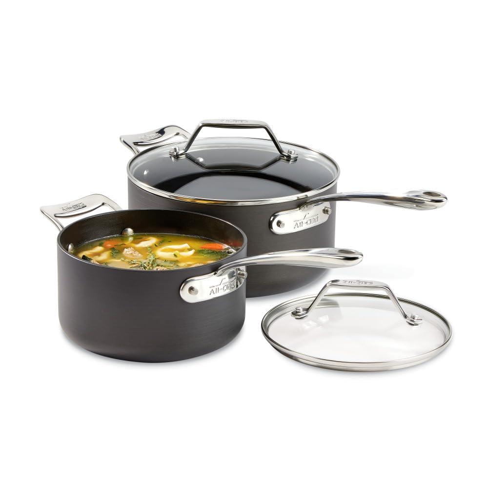 All-Clad All-Clad Essentials Hard Anodized Nonstick Sauce Pan Set 4 Piece, 2.5, 4 Quart Oven Broiler Safe 500F Pots and Pans, Cookware Black