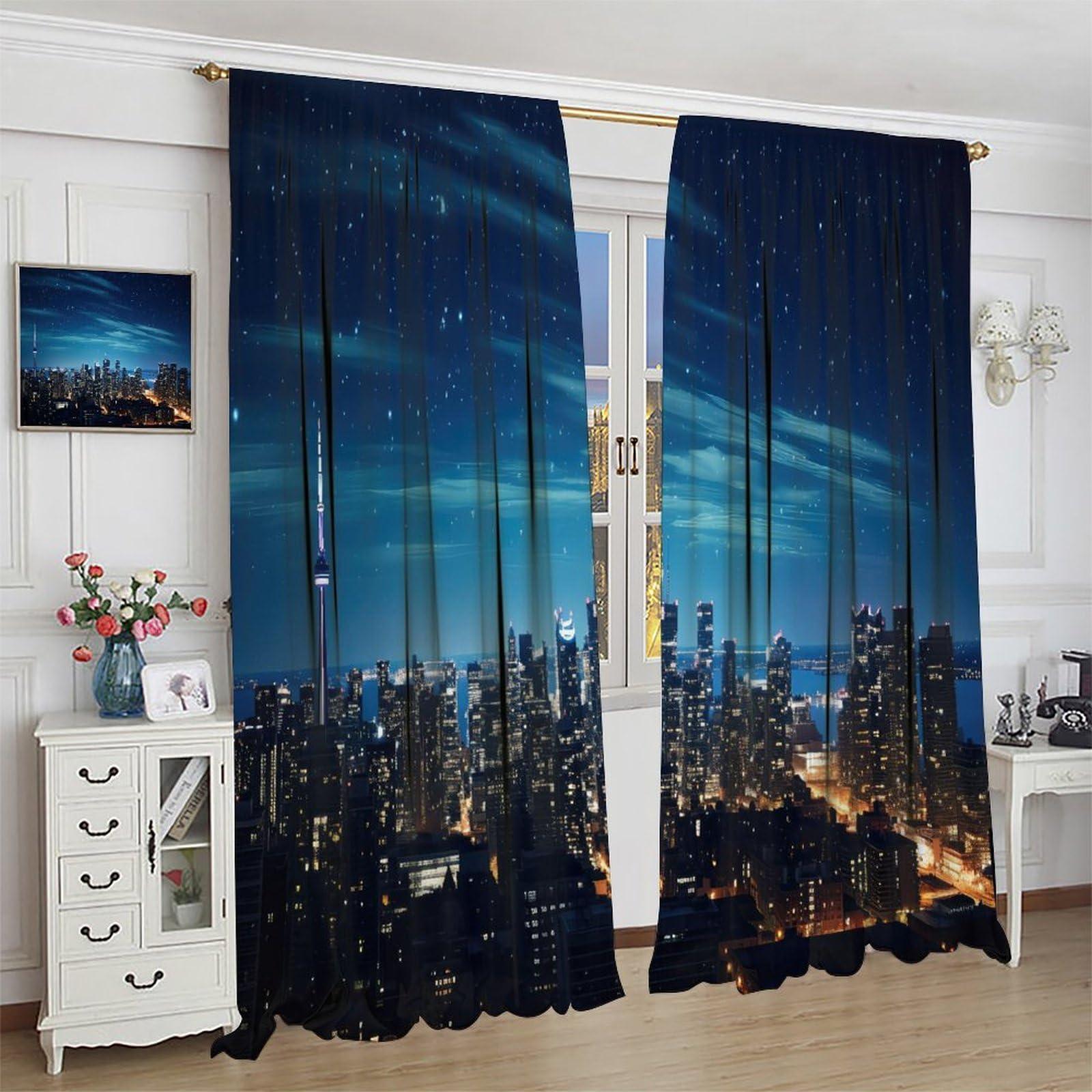 BATPLY Modern City Landscape Curtains, Dreamy Glitter Aurora Starry Sky Decor Night Riverside Urban Skyscraper Scenery Drapes, Blackout Rod Pocket Window Treatments for Living Room Bedroom Bathroom 63x72in