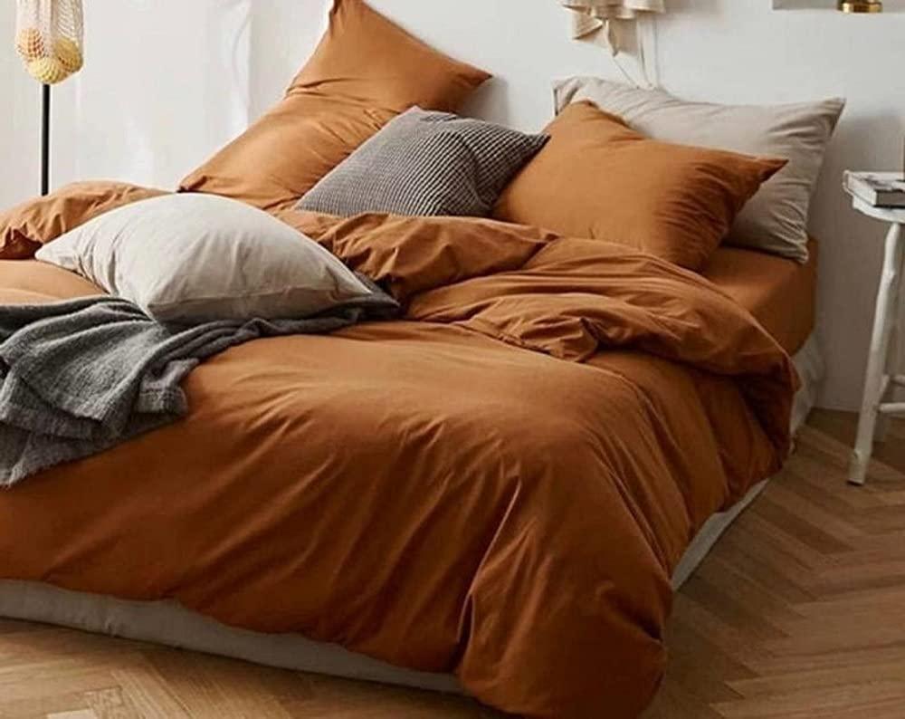 Generic Generic Burnt Orange Cotton Duvet Cover Duvet Cover with Button Washed Cotton Burnt Orange Duvet Cover Pillow Shame Burnt Orange Bedding Set (California King)