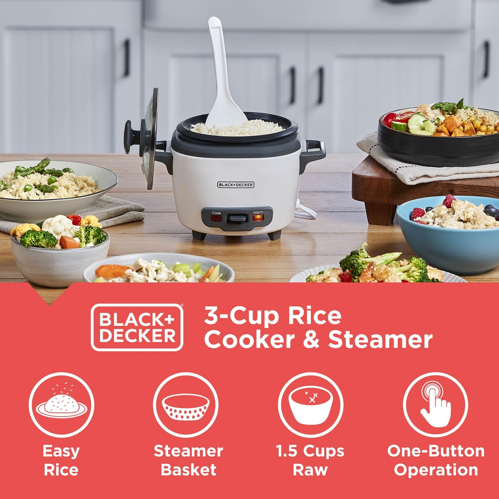 BLACK+DECKER BLACK+DECKER 3-Cup Rice Cooker, 1.5-cup Uncooked Rice, 3 Cups Cooked, Steaming Basket, Removable Non-Stick Bowl, One Touch