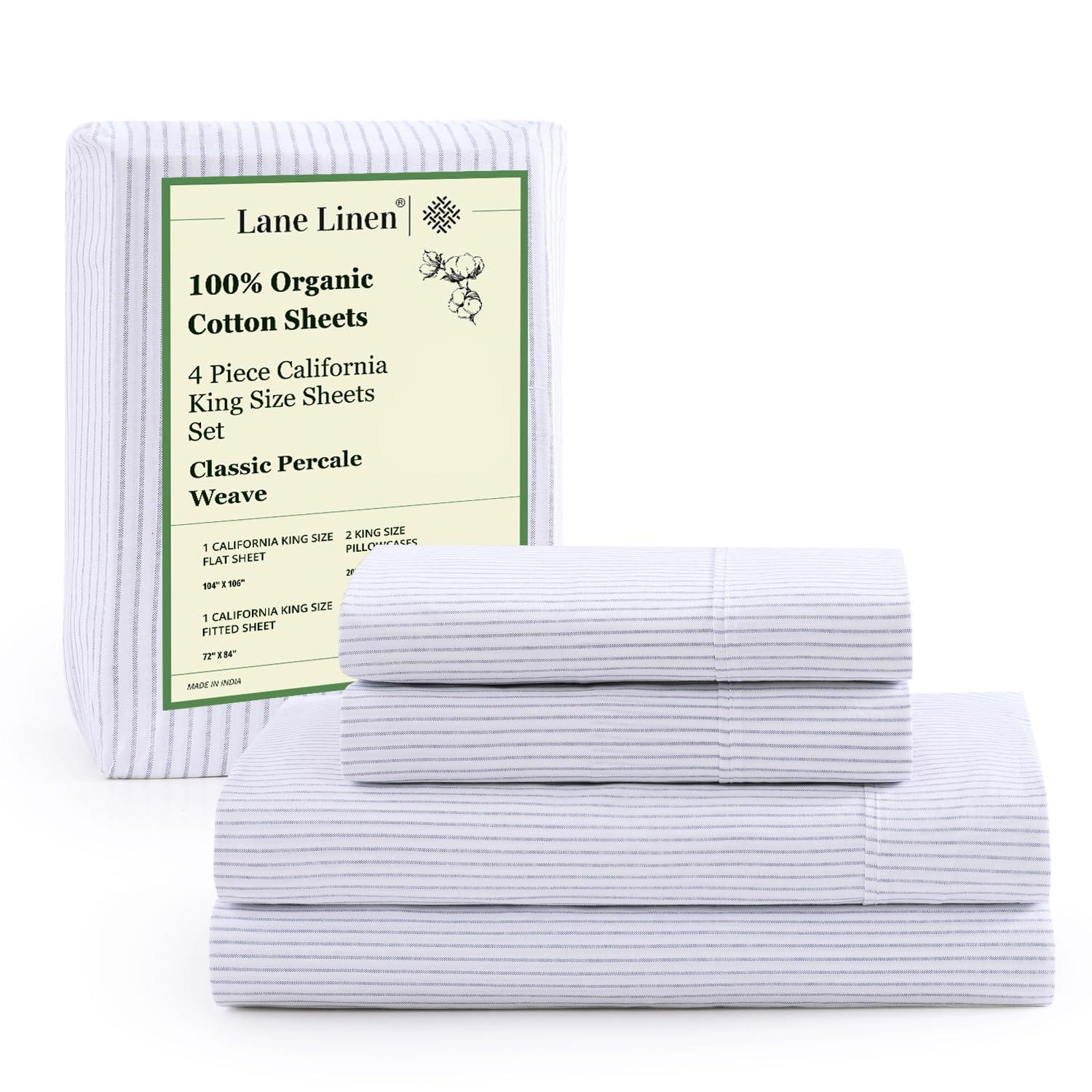 LANE LINEN LANE LINEN 100% Organic Cotton California King Sheets Set, 4-Piece Organic Cotton Long Staple Percale Weave Soft Bedding Sheets for Bed, Breathable, Fits Mattress Upto 15\" Deep - Blue Ticking Stripe