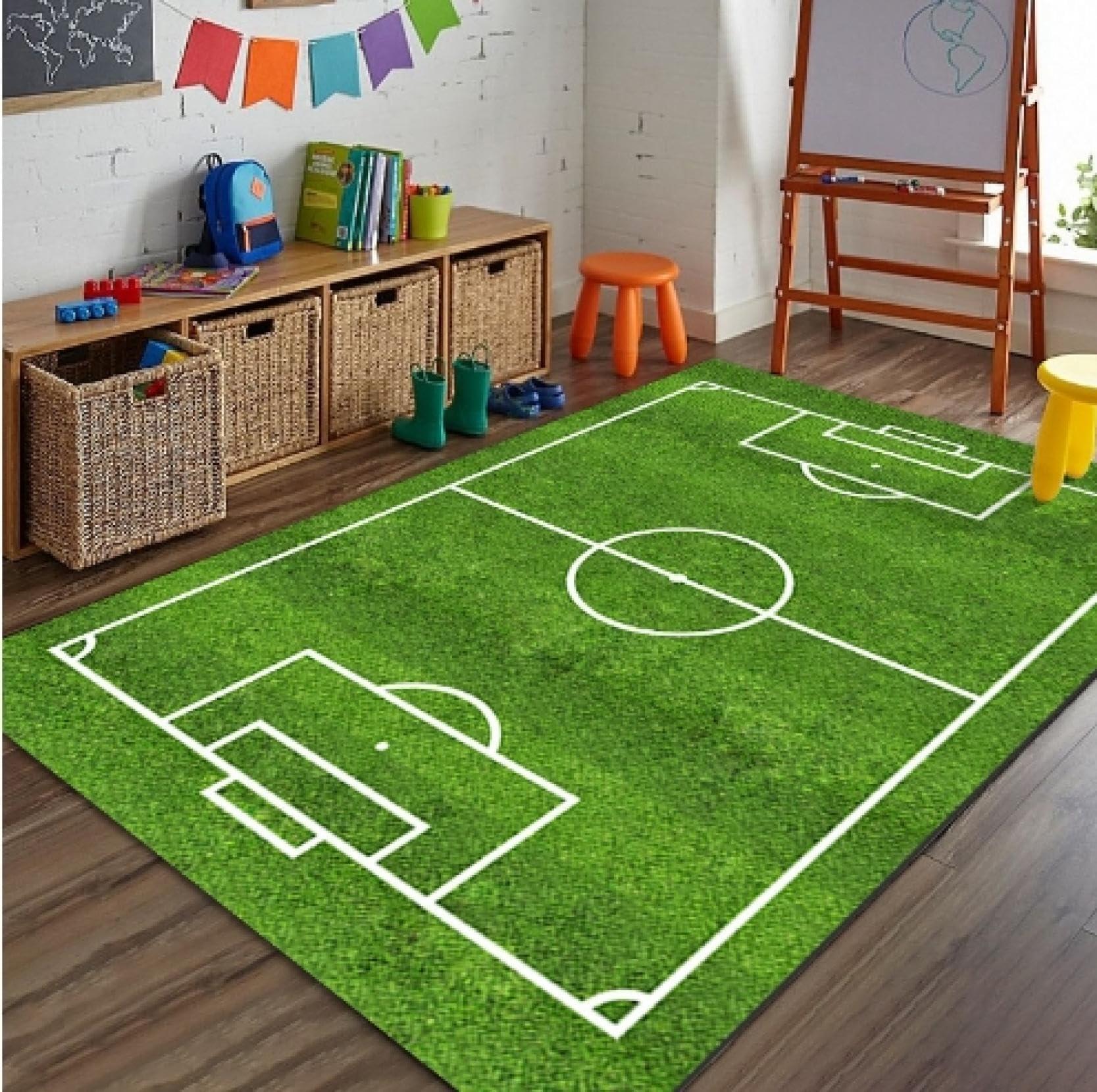 ZeawIEsvbyt Soccer Area Rug, Football Field Carpet Non-Slip Floor Mat Football Stadium Green Grass Painted Line Playmat Runner Rug for Living Room Bedroom (1PC Rug)
