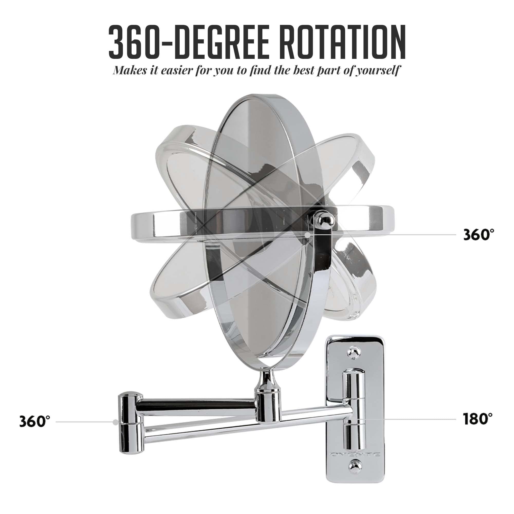 OVENTE OVENTE 7\" Wall Mounted Makeup Mirror with 1X/10X Magnification, Double Sided Magnifying Round Bathroom Vanity Mirror, 360 Swivel Design, Extendable and Folding Arm, Polished Chrome MNLFW70CH1X10X